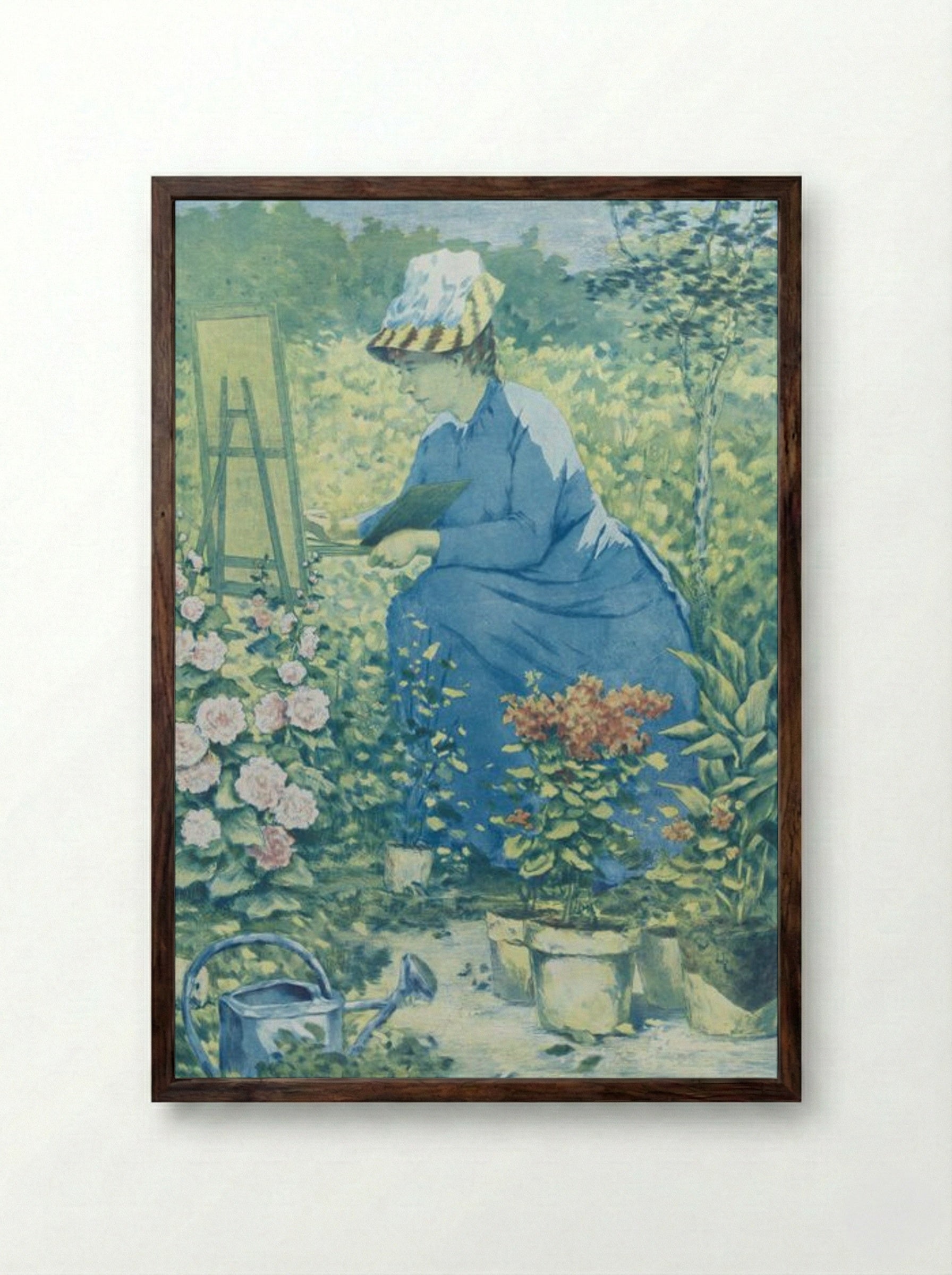 Jeanne Gonzales Painting in the Garden - Henri-Charles Guérard - Framed Print Dark Wood