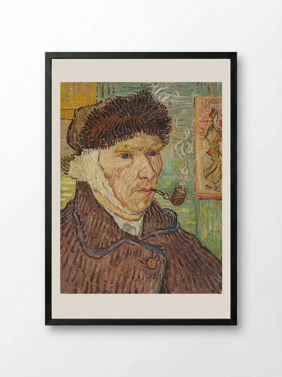 Self-Portrait with Bandaged Ear and Pipe - Vincent van Gogh - Framed Print Black