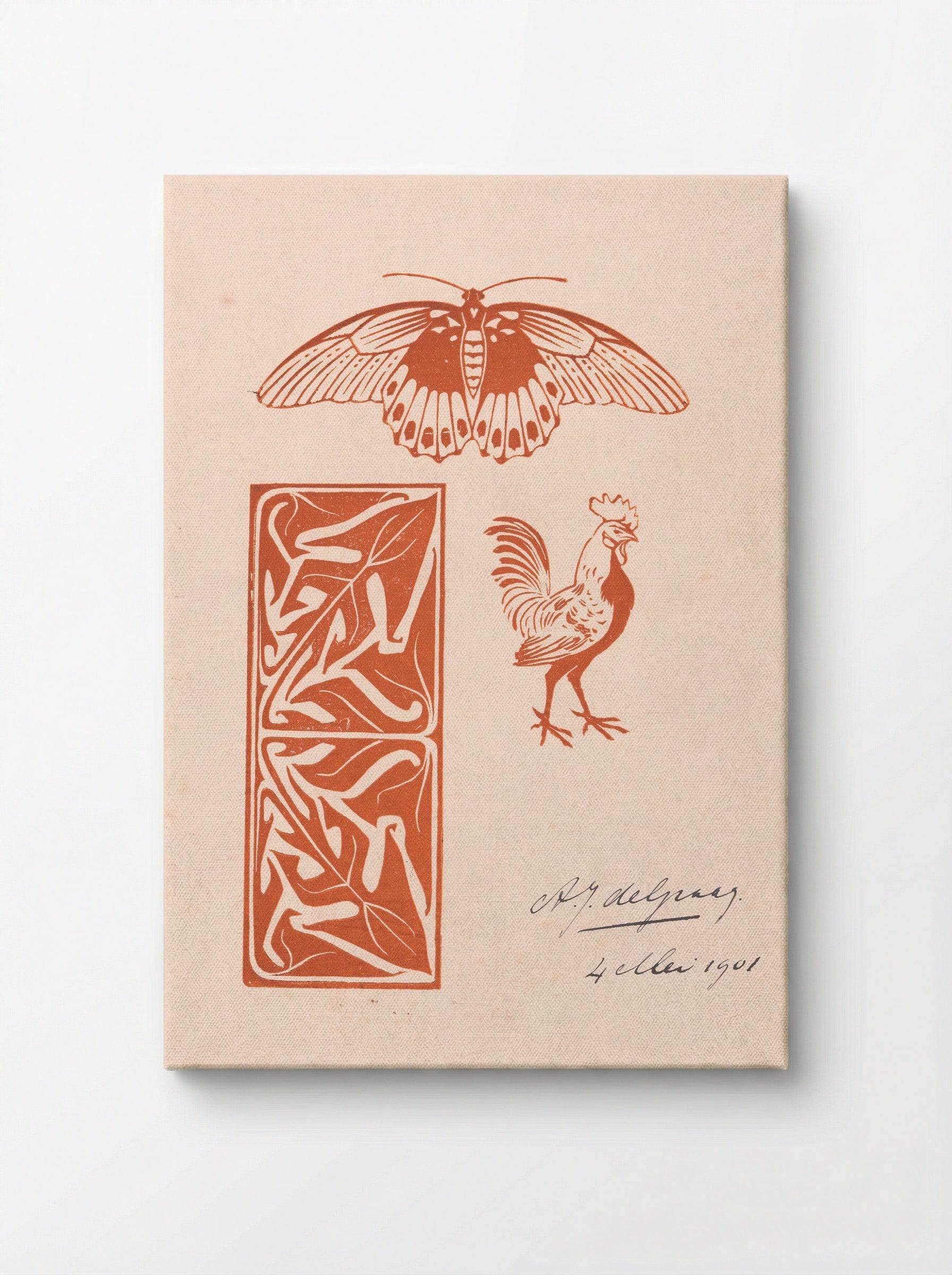 Butterfly, Rooster and Leaf Ornament - Julie de Graag - Canvas