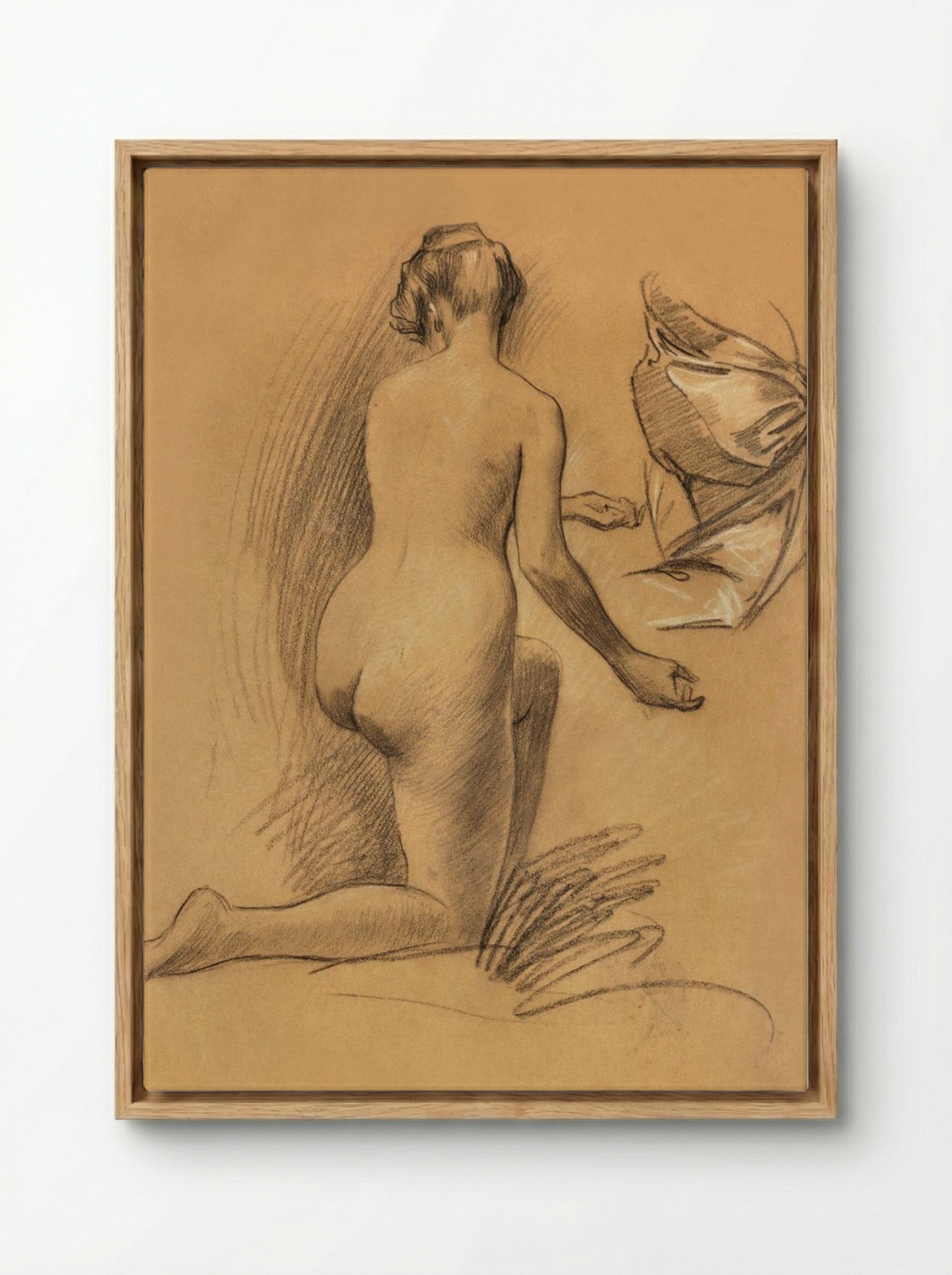 Study of Kneeling Nude Figure - Louis Schaettle - Framed Canvas Wood