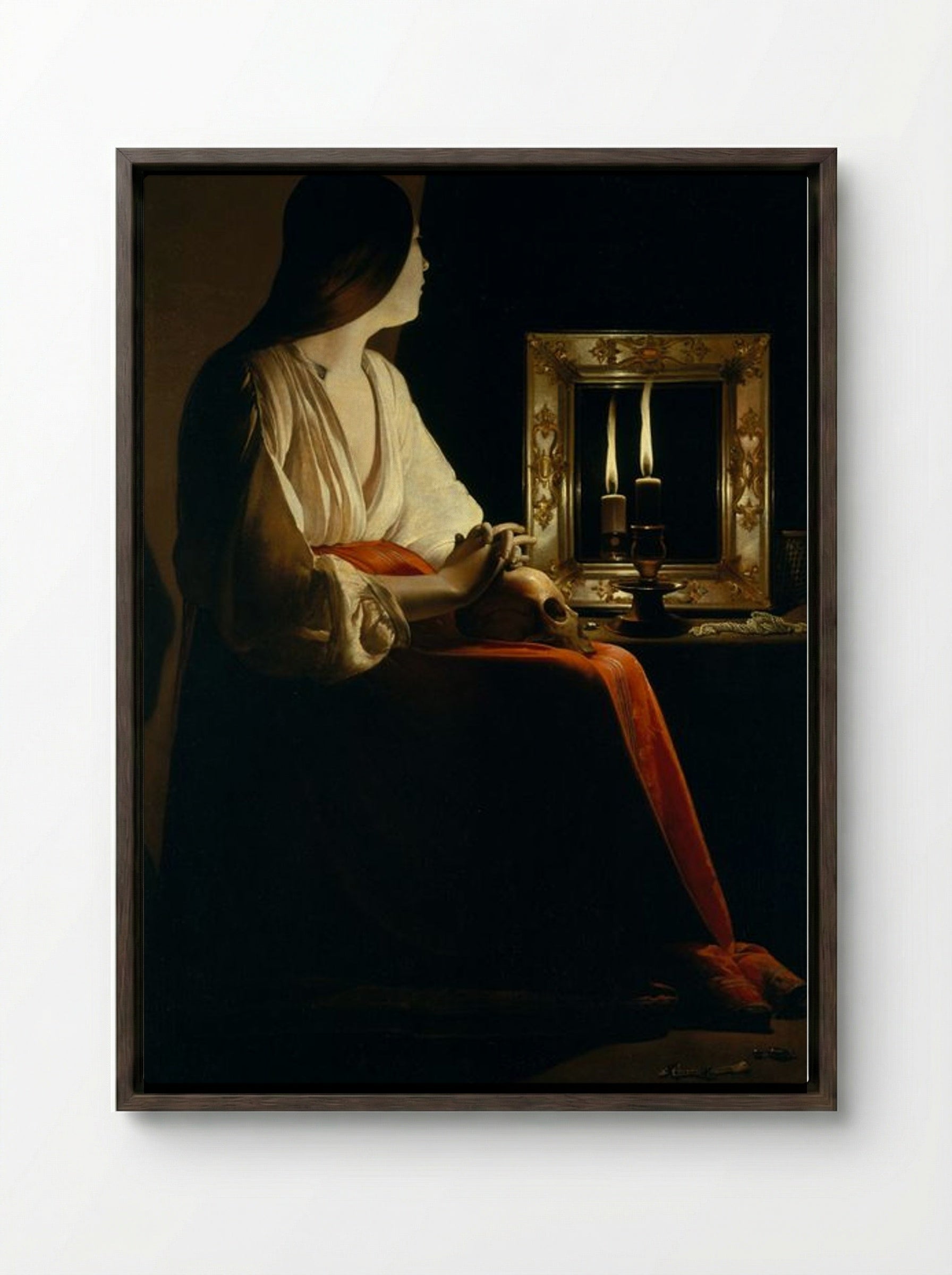 The Penitent Magdalen - Georges de La Tour - Framed Canvas Dark Wood