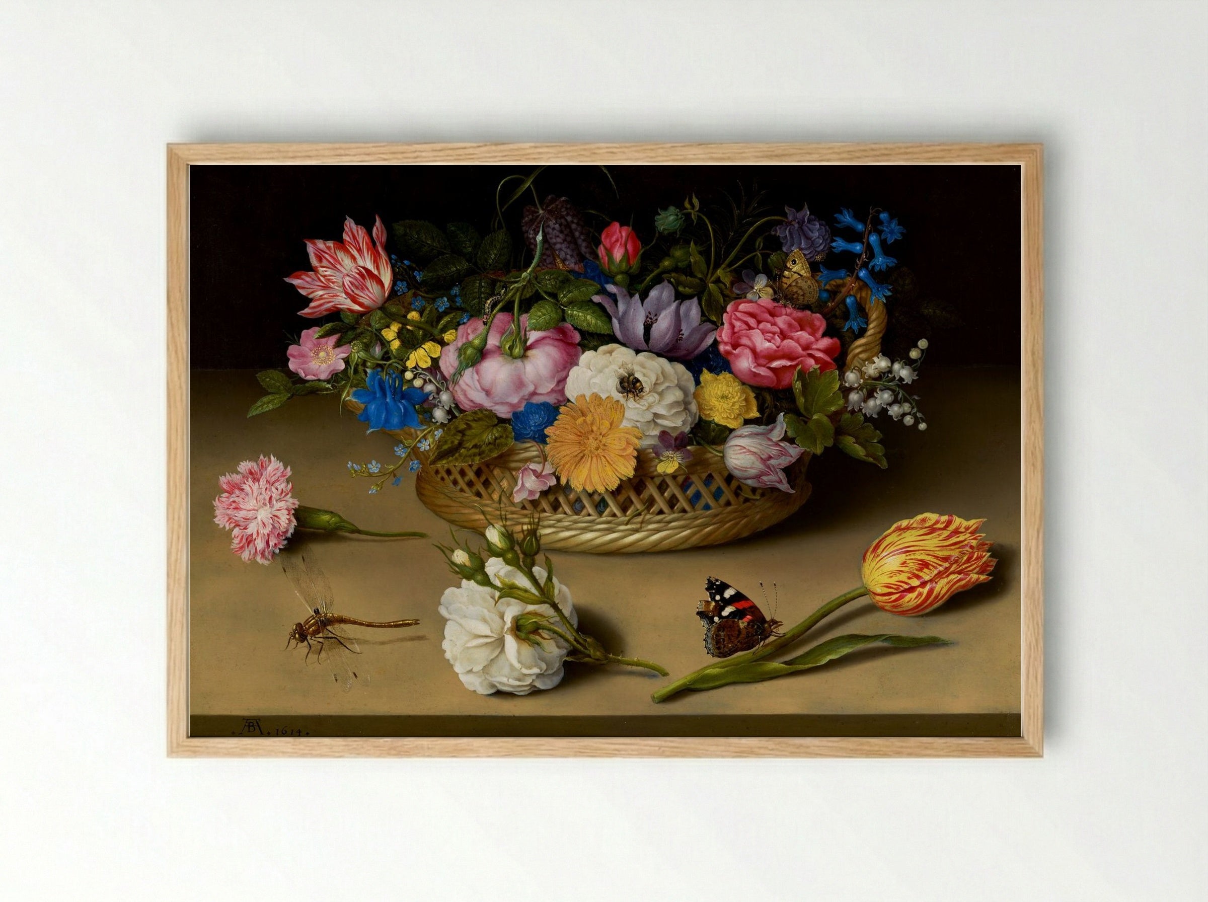 Flower Still Life in a Basket - Ambrosius Bosschaert the Elder - Framed Print Wood