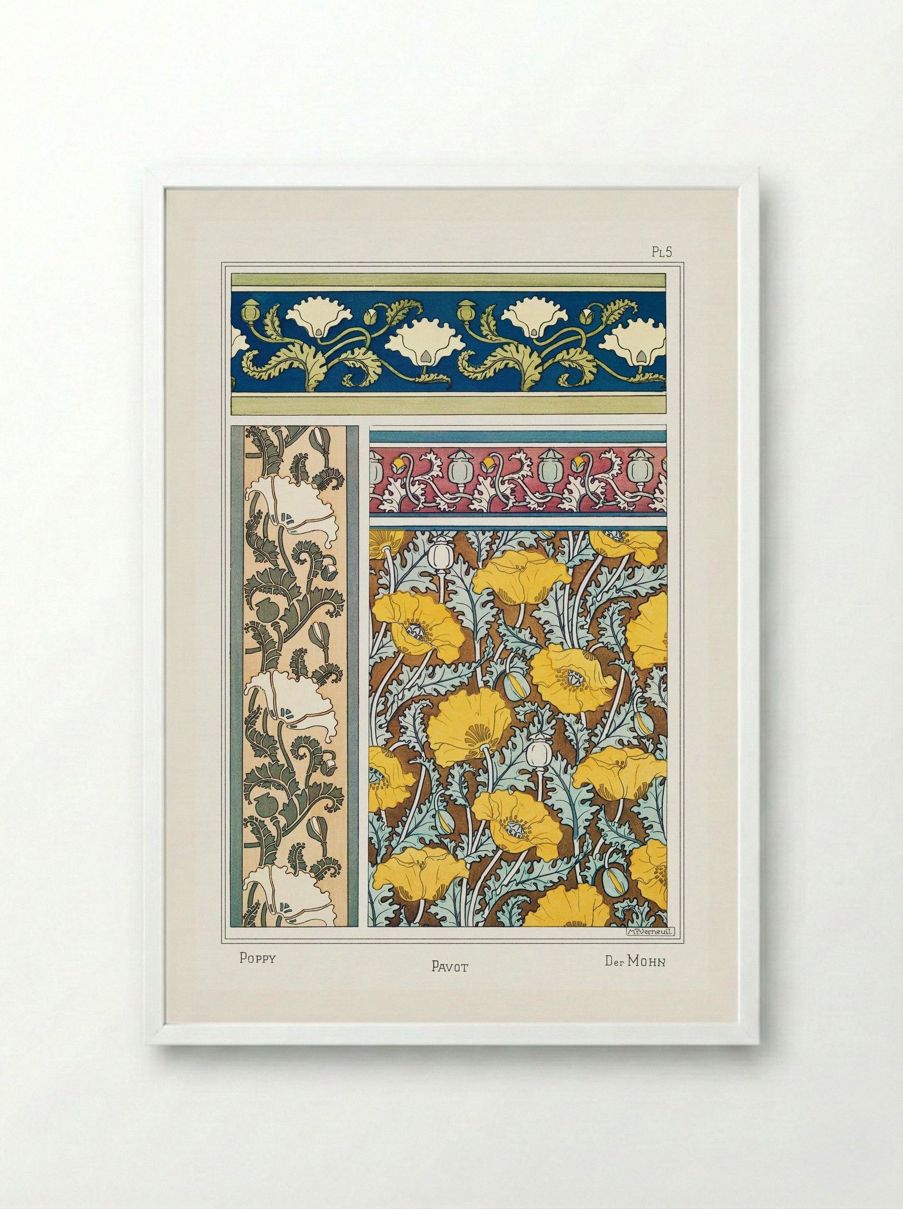 Pavot (Poppy) from La Plante et ses Applications ornementales - Maurice Pillard Verneuil - Framed Print White