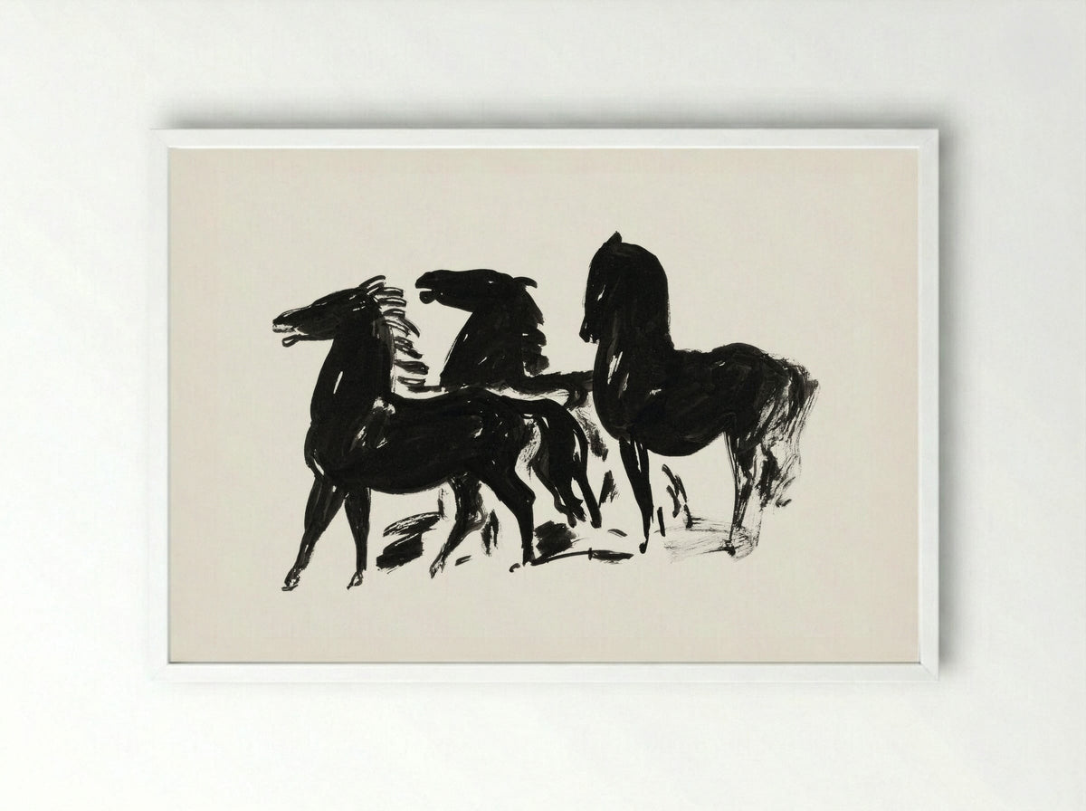 Three Black Horses Standing, Facing Left - Leo Gestel - Framed Print White