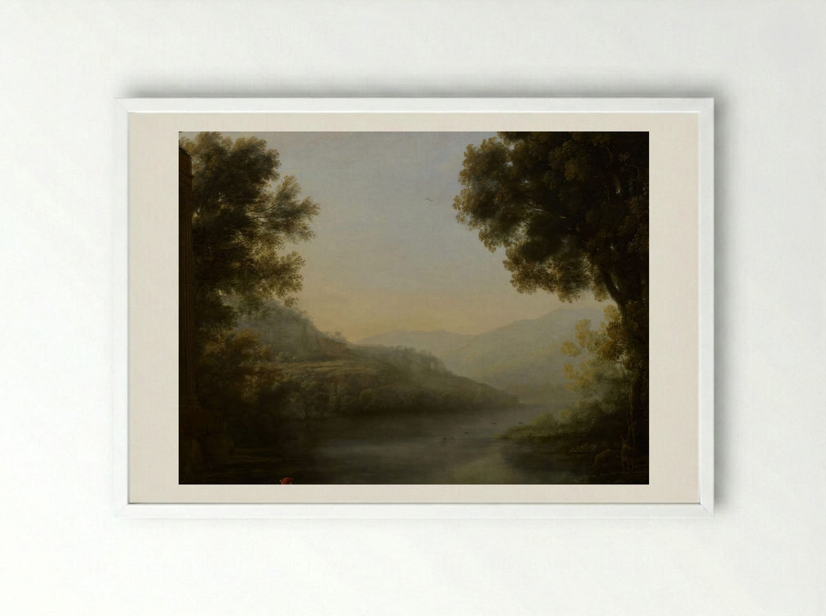 Two Goat Herders Seated on the Left Bank of a River Amidst Their Flock - Nicolaes Berchem - Framed Print White