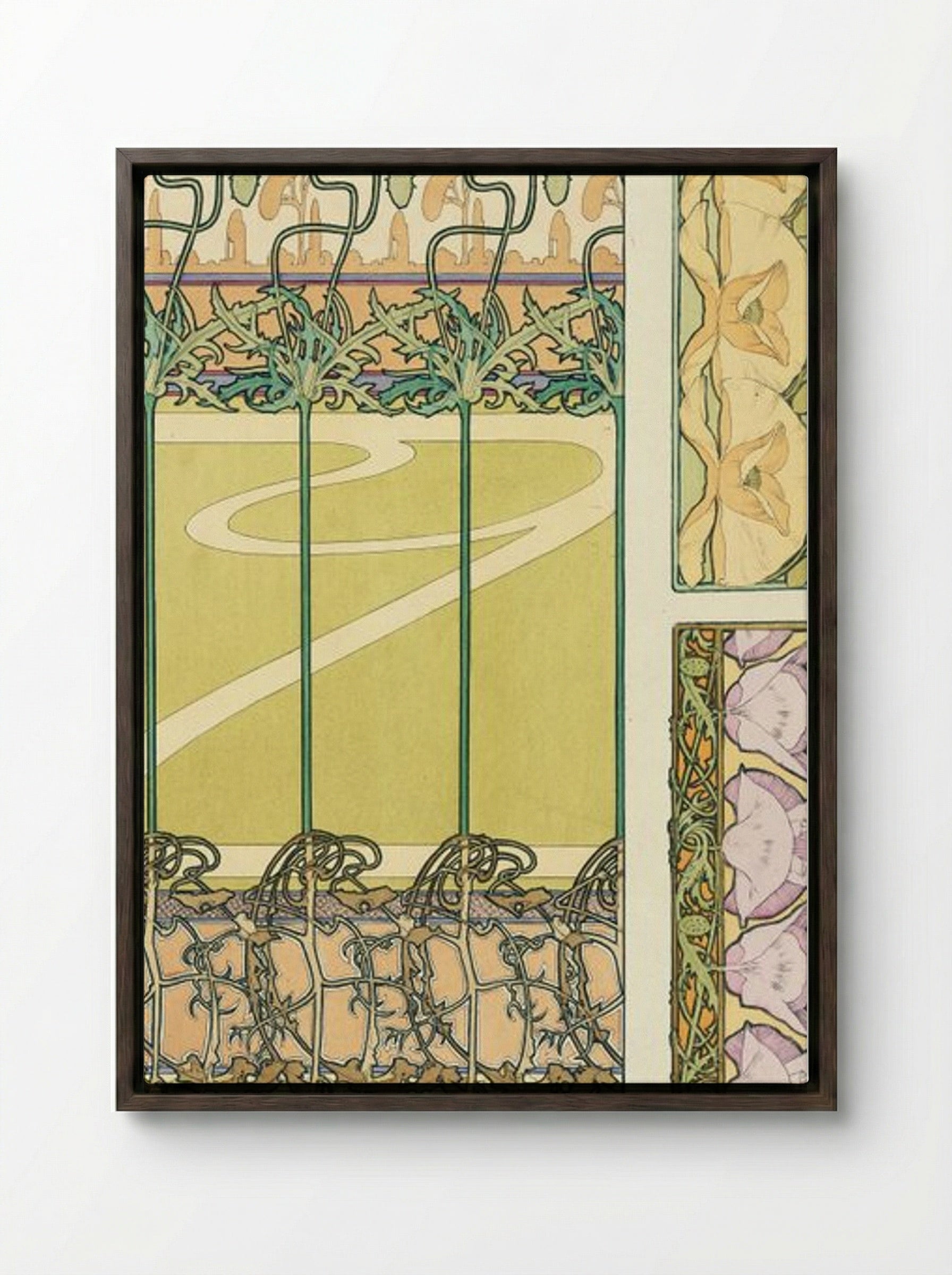 Floral Panel Design with Poppies and Morning Glories - Alphonse Mucha - Framed Canvas Dark Wood