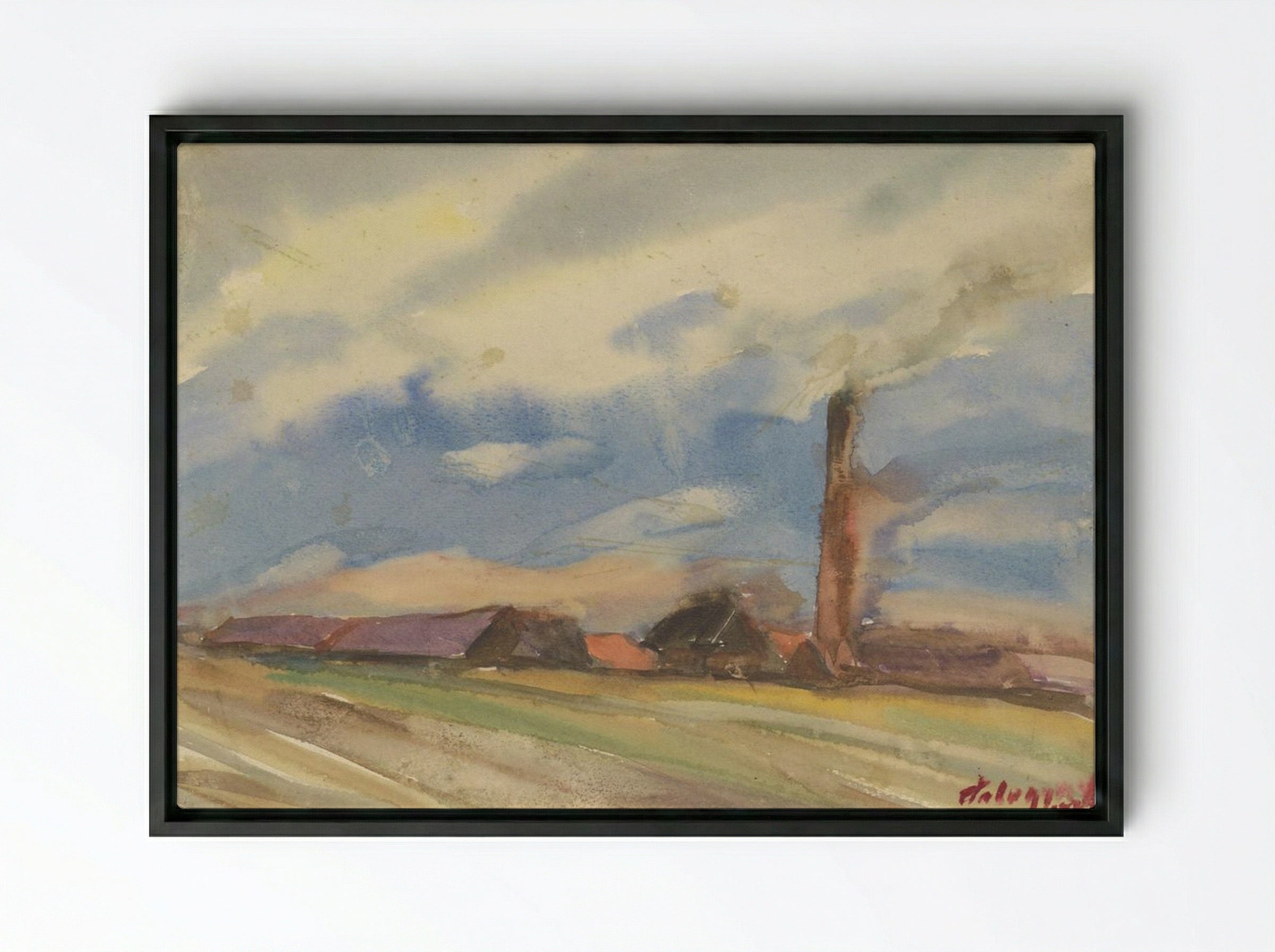 Brown Village, View from the Fields - Zolo Palugyay - Framed Canvas Black