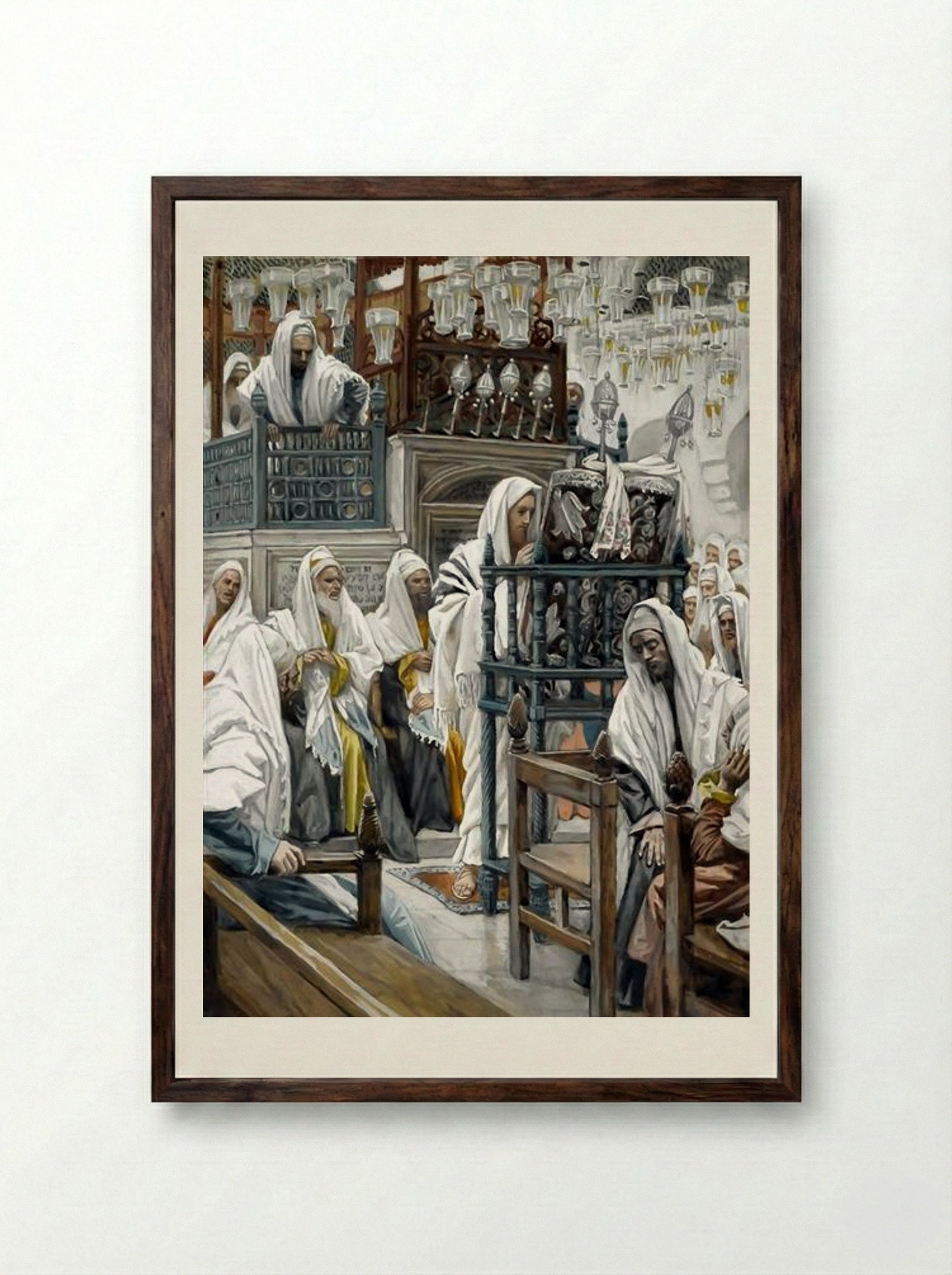 Jesus Unrolls the Book in the Synagogue - James Tissot - Framed Print Dark Wood
