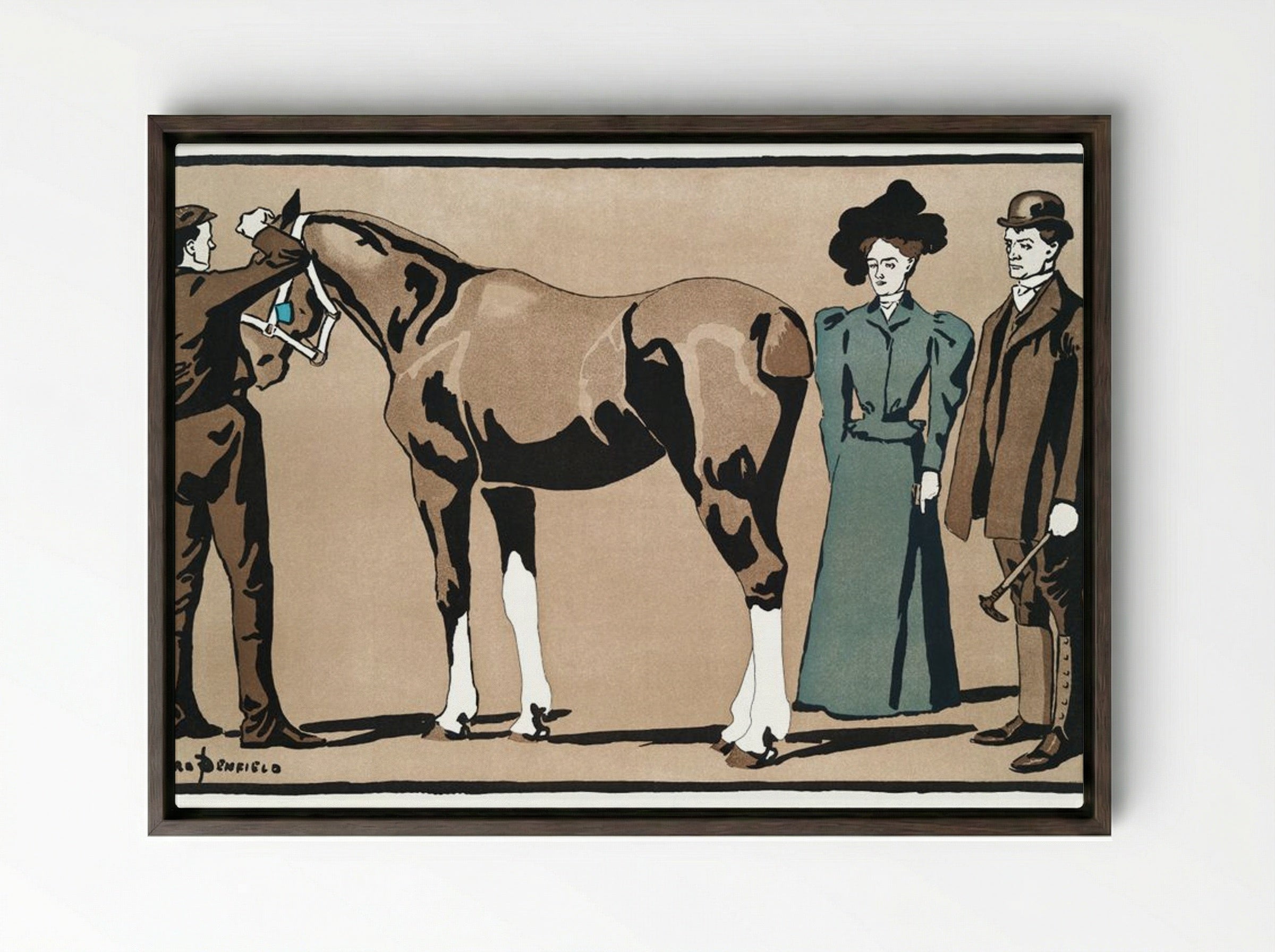 People and Horse - Edward Penfield - Framed Canvas Dark Wood