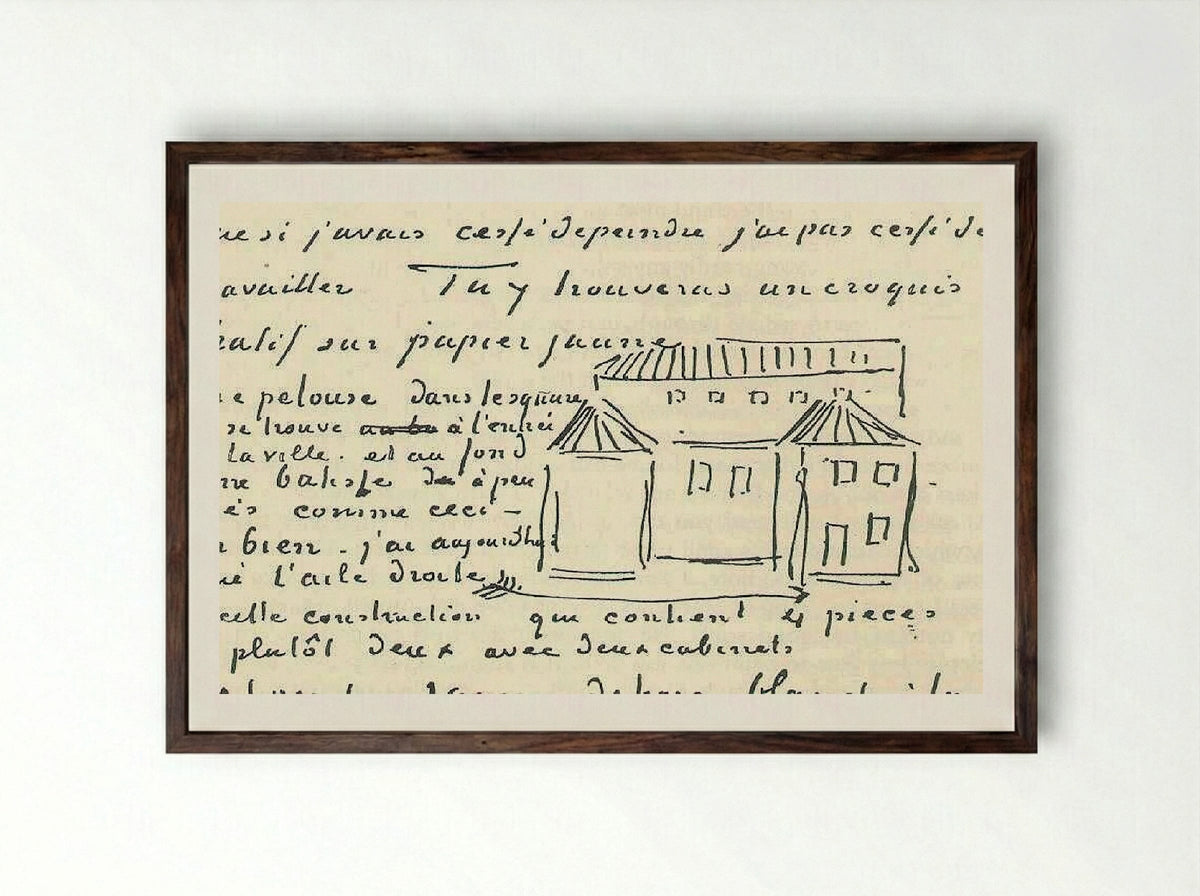 Sketch of The Yellow House (Letter to Theo van Gogh) - Vincent van Gogh - Framed Print Dark Wood