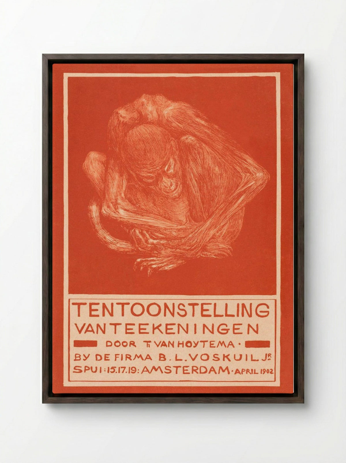 Reclamekaart met ineengedoken aap (Advertising Card with Crouching Ape) - Theo van Hoytema - Framed Canvas Dark Wood