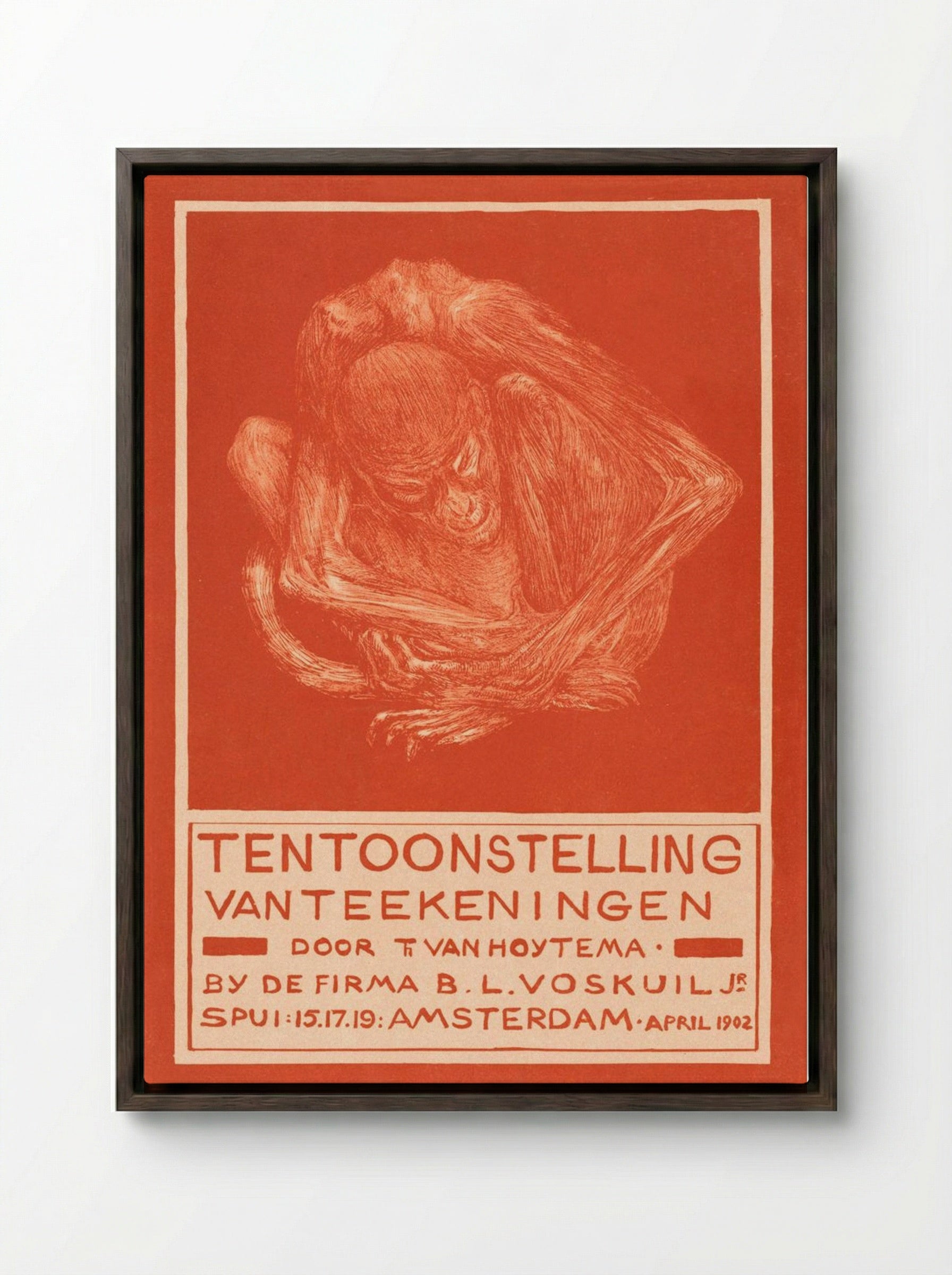 Reclamekaart met ineengedoken aap (Advertising Card with Crouching Ape) - Theo van Hoytema - Framed Canvas Dark Wood