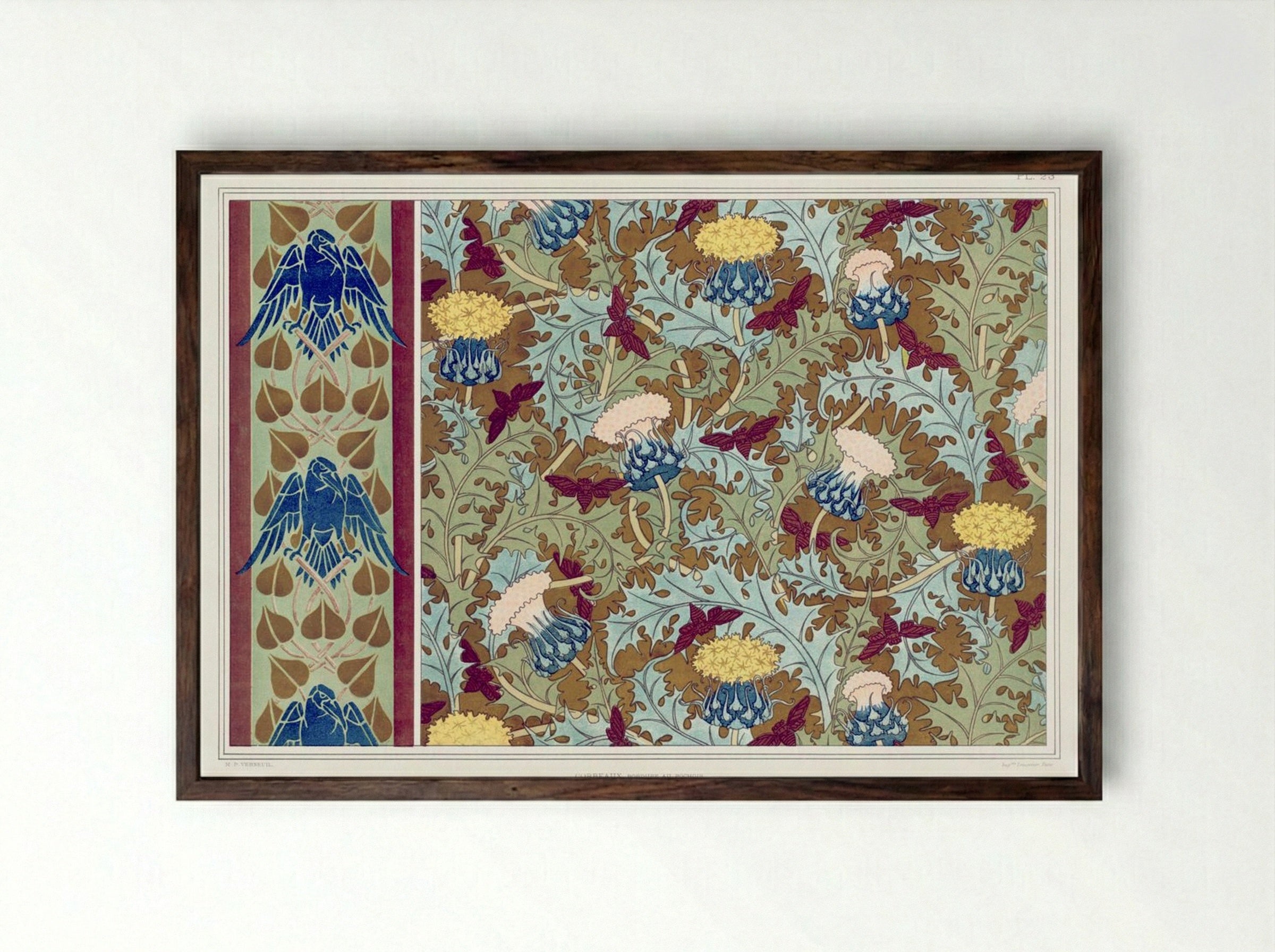 Corbeaux, Cigales et Chardons (Textile Design) - Maurice Pillard Verneuil - Framed Print Dark Wood