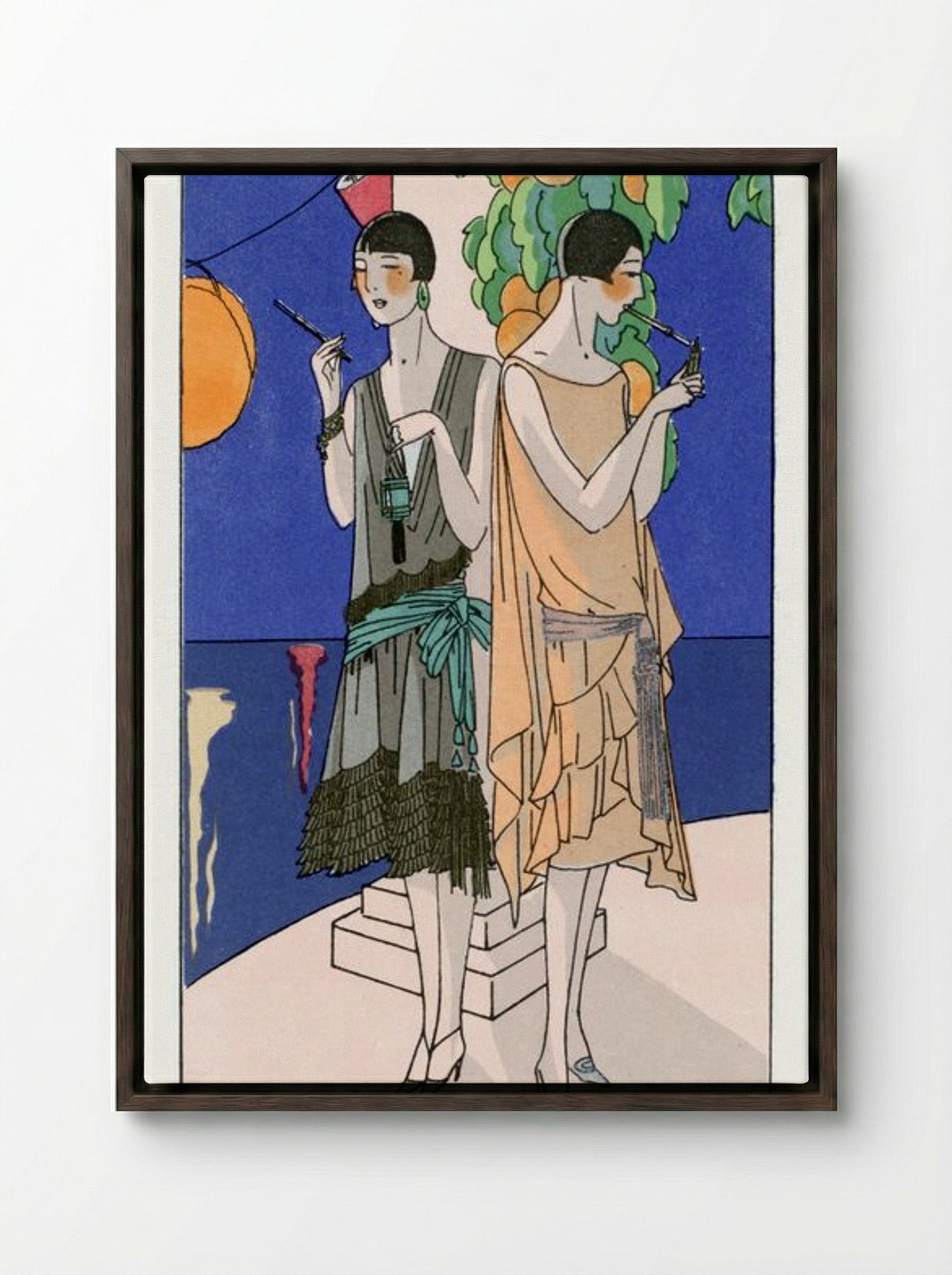 Two Young Women Smoking Cigarettes - Premet and George Doeuillet - Framed Canvas Dark Wood