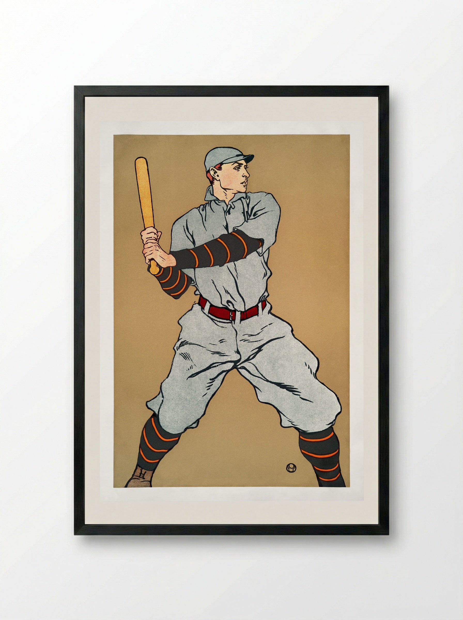 Baseball Player Holding a Bat - Edward Penfield - Framed Print Black