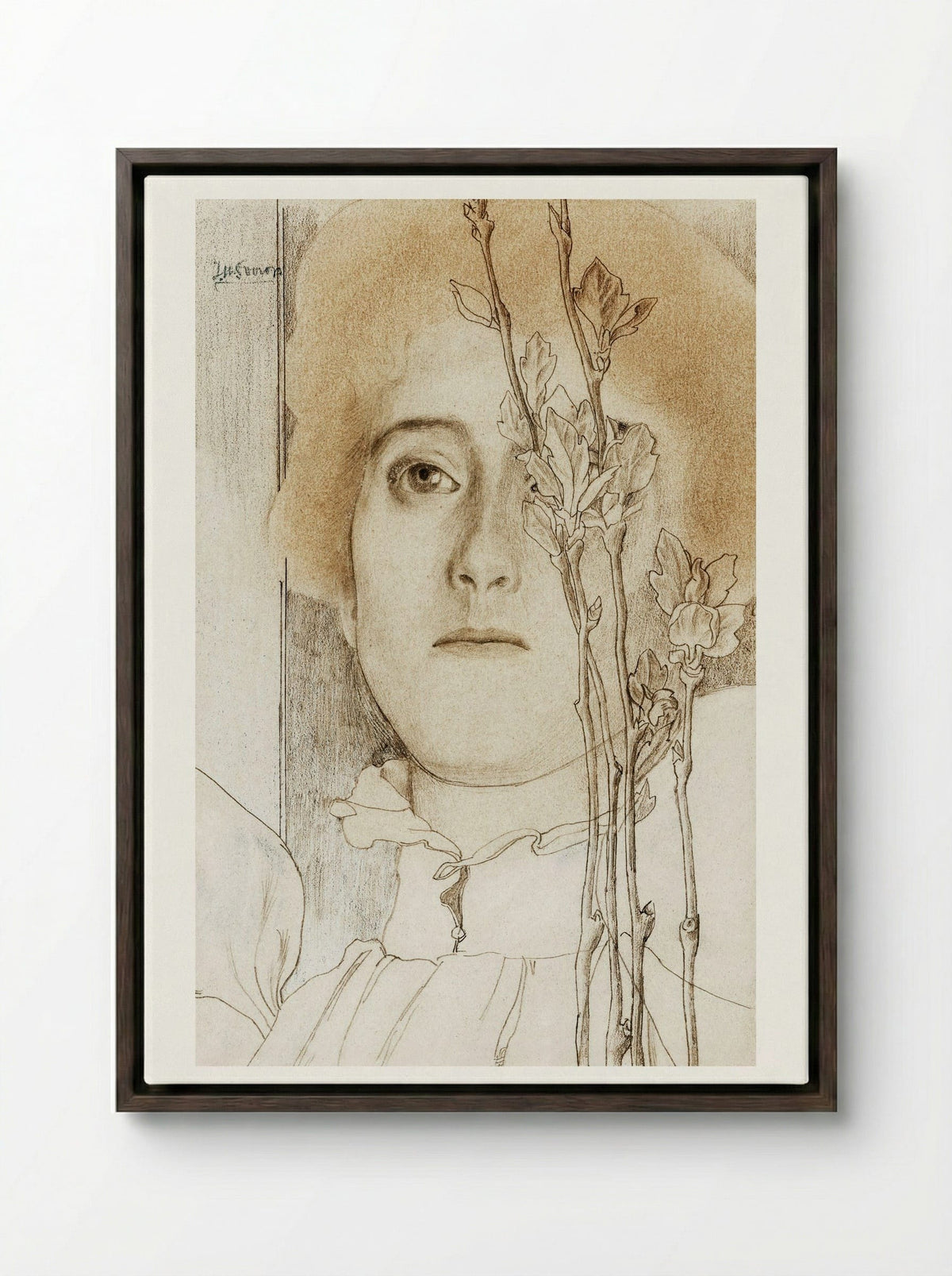 Portrait of an Unknown Woman with Flowering Branch - Jan Toorop - Framed Canvas Dark Wood