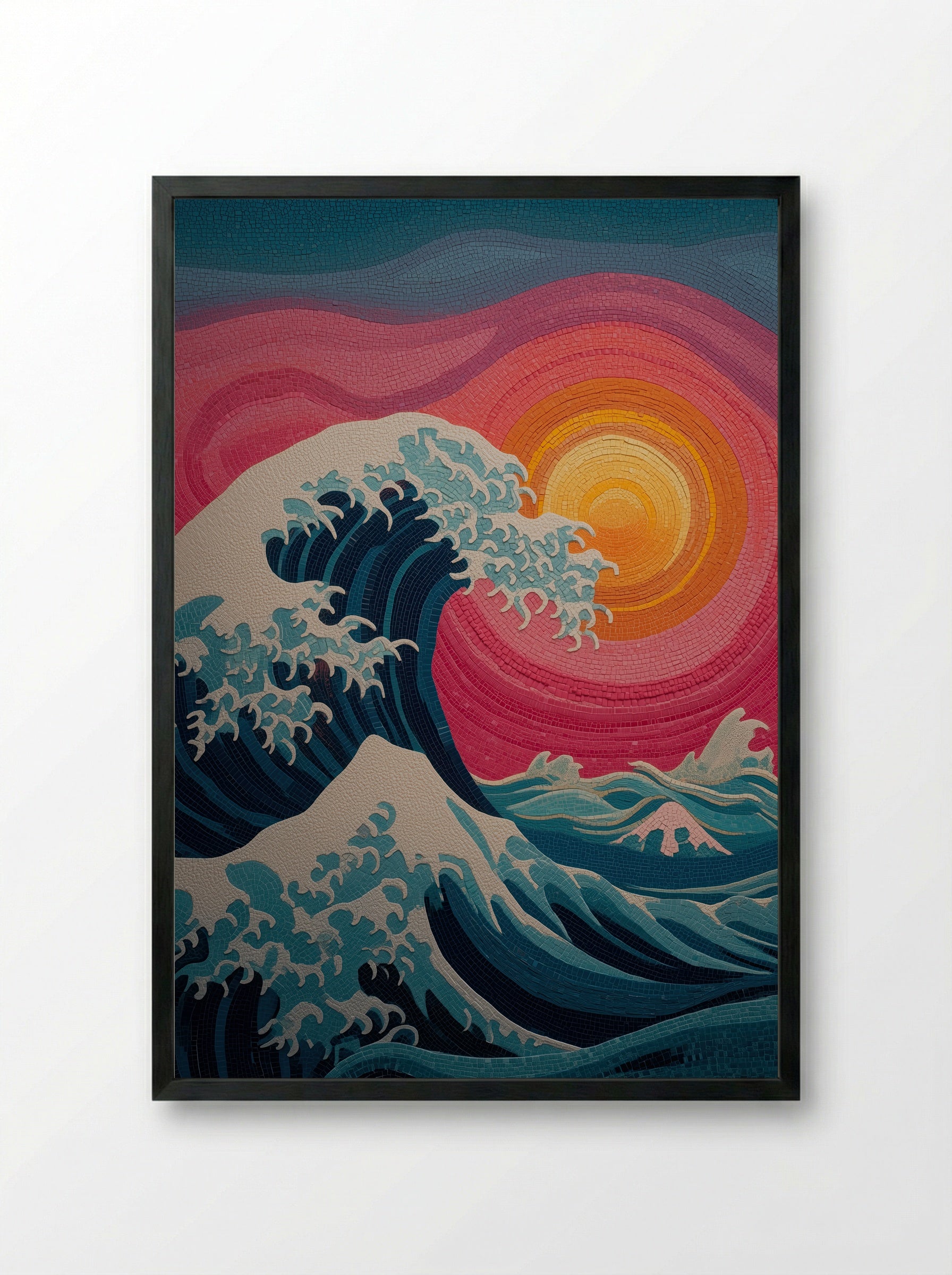 The Great Mosaic Wave – Japanese Mosaic Sunset Print Inspired by Hokusai - Framed Print Black