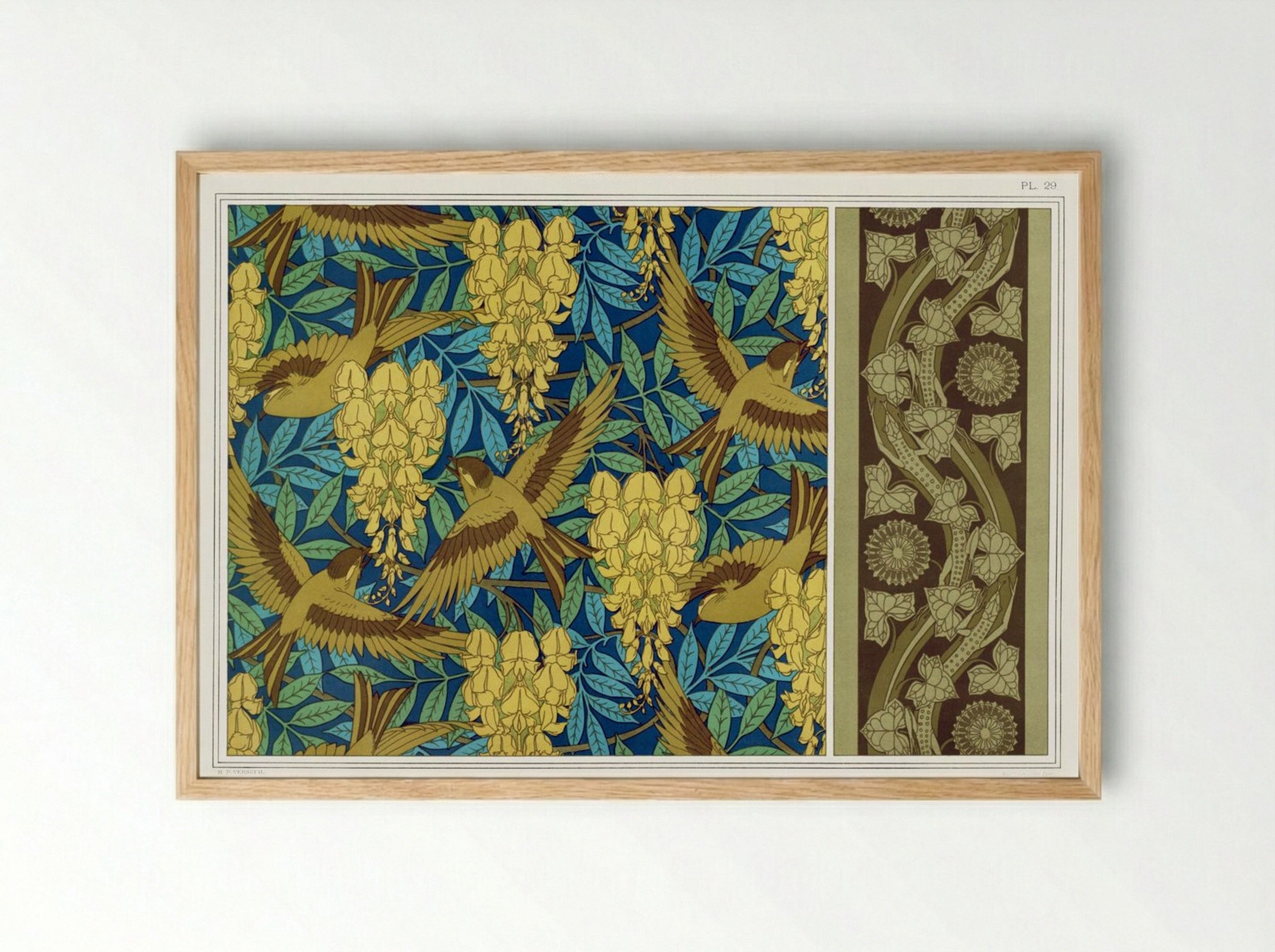 Oiseaux et Glycines, Tenture; Lézards et Lierre, Bordure - Maurice Pillard Verneuil - Framed Print Wood