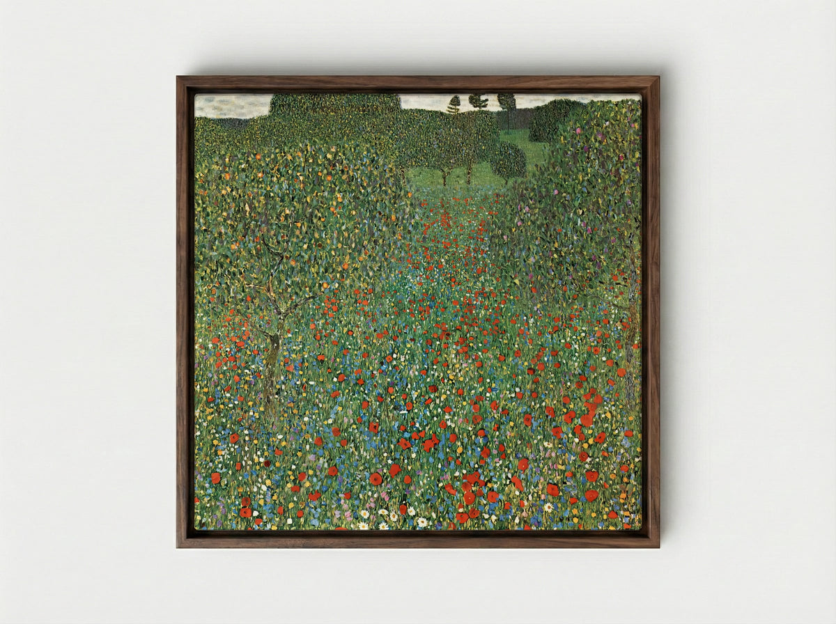 Poppy Field - Gustav Klimt - Framed Canvas Dark Wood