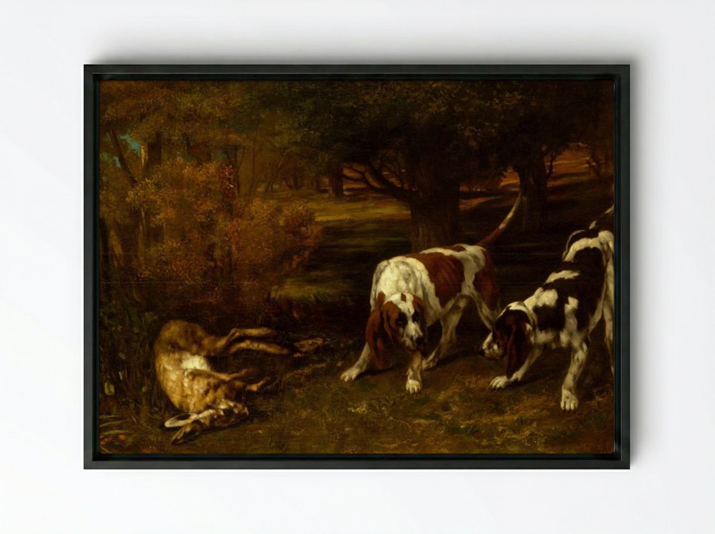 Hunting Dogs with Dead Hare - Gustave Courbet - Framed Canvas Black