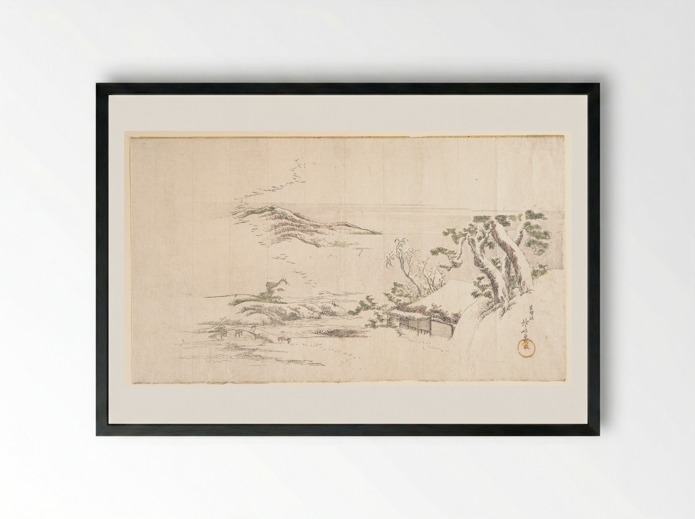 A Snow–clad Landscape with Gray Clouds - Katsushika Hokusai - Framed Print Black