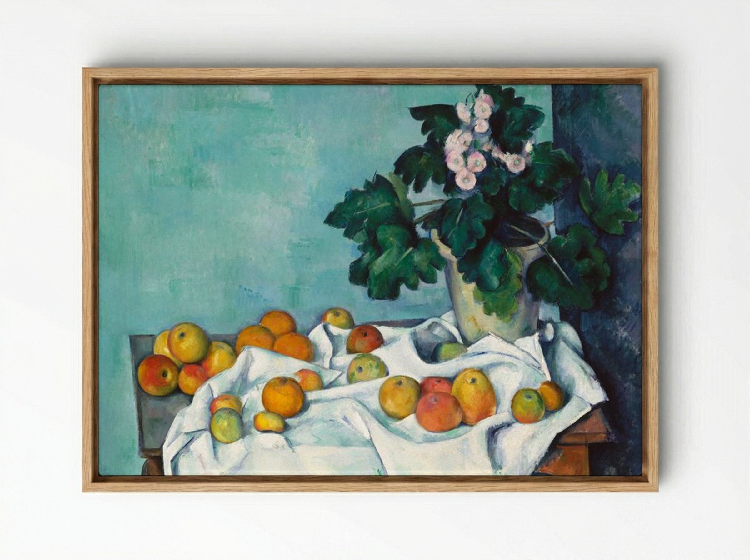 Still Life with Apples and a Pot of Primroses - Paul Cézanne - Framed Canvas Wood
