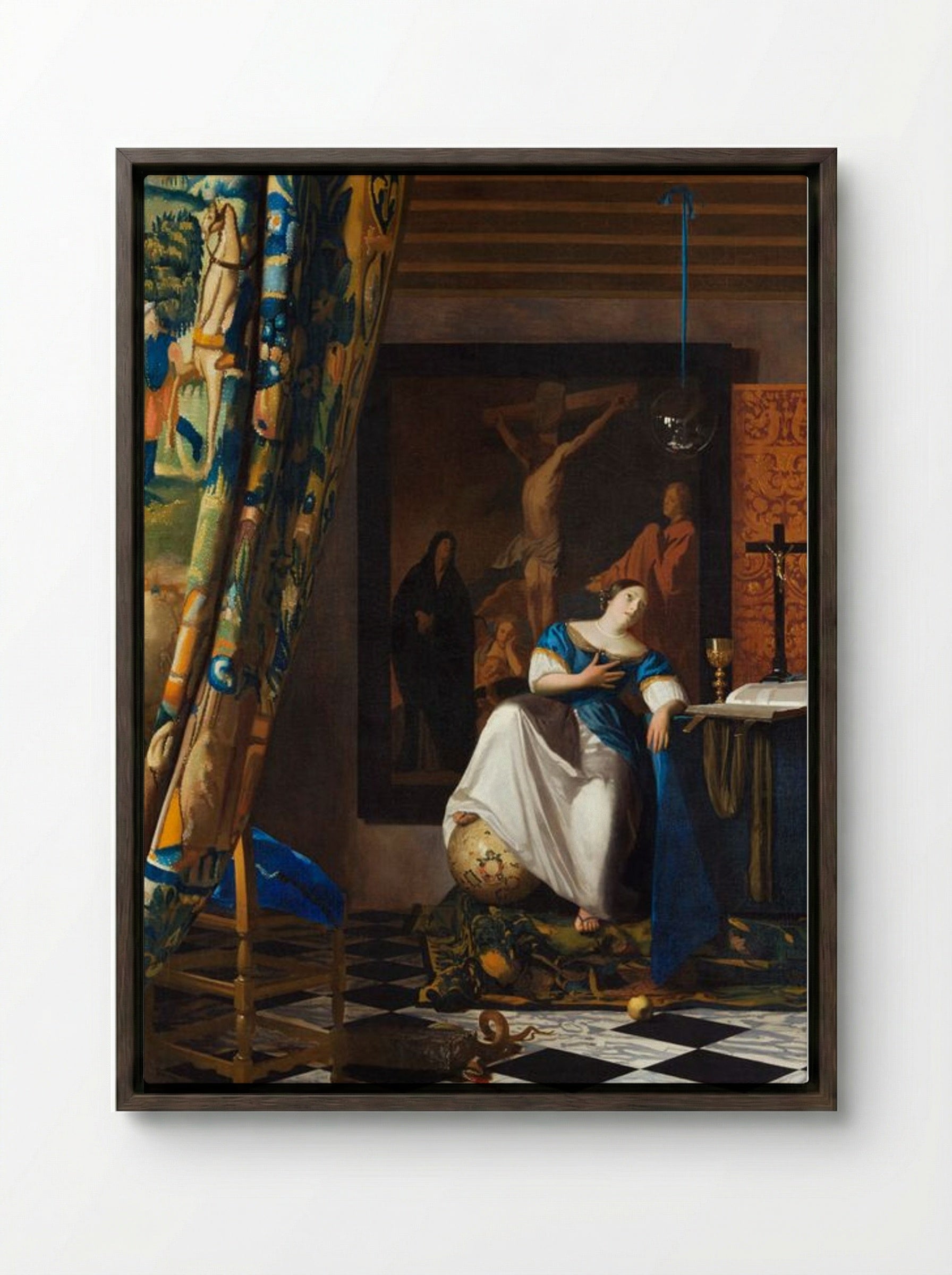 Allegory of the Catholic Faith - Johannes Vermeer - Framed Canvas Dark Wood