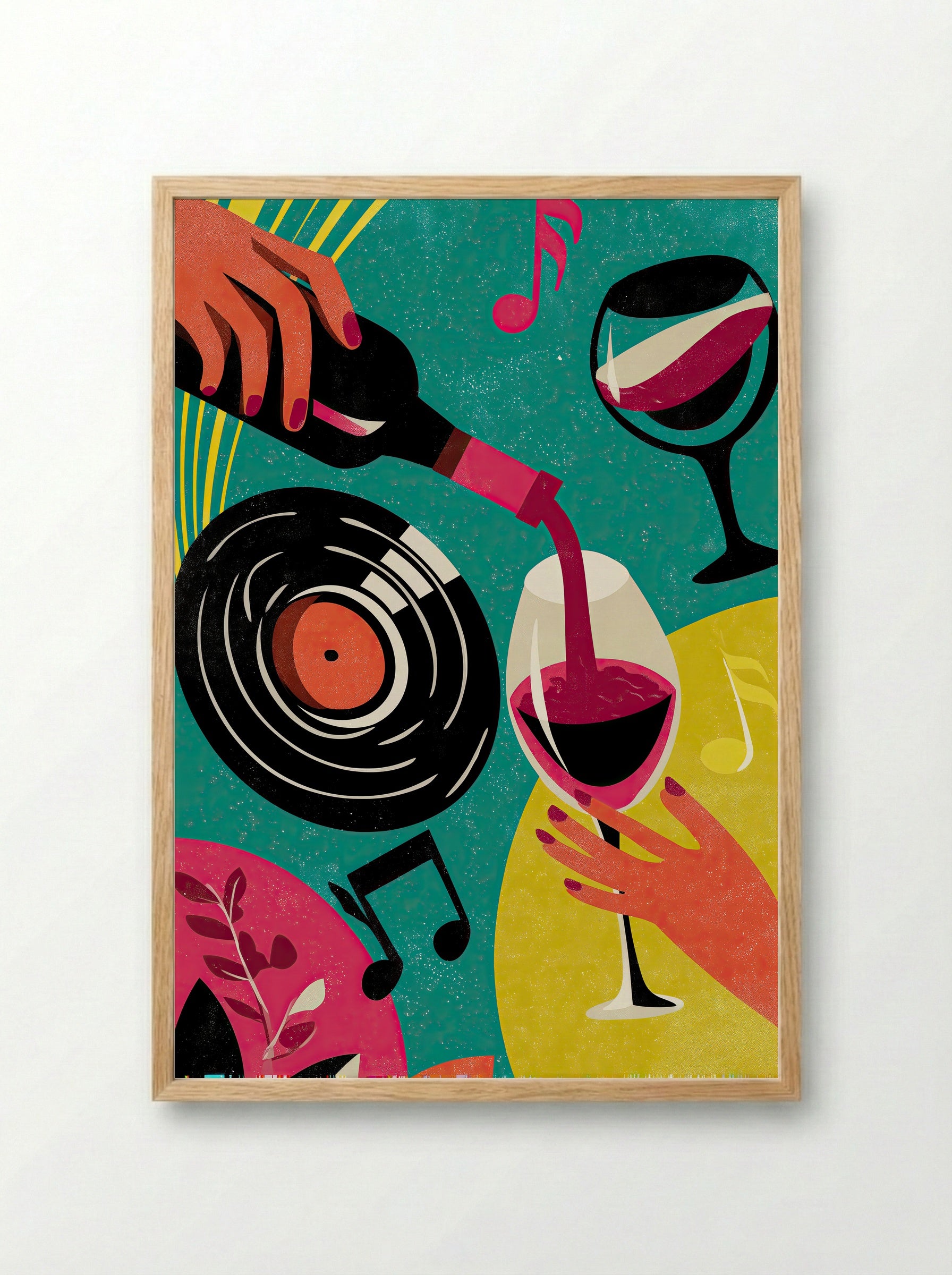 The Music and Wine Social Club – Retro Pop Art Print - Framed Print Wood