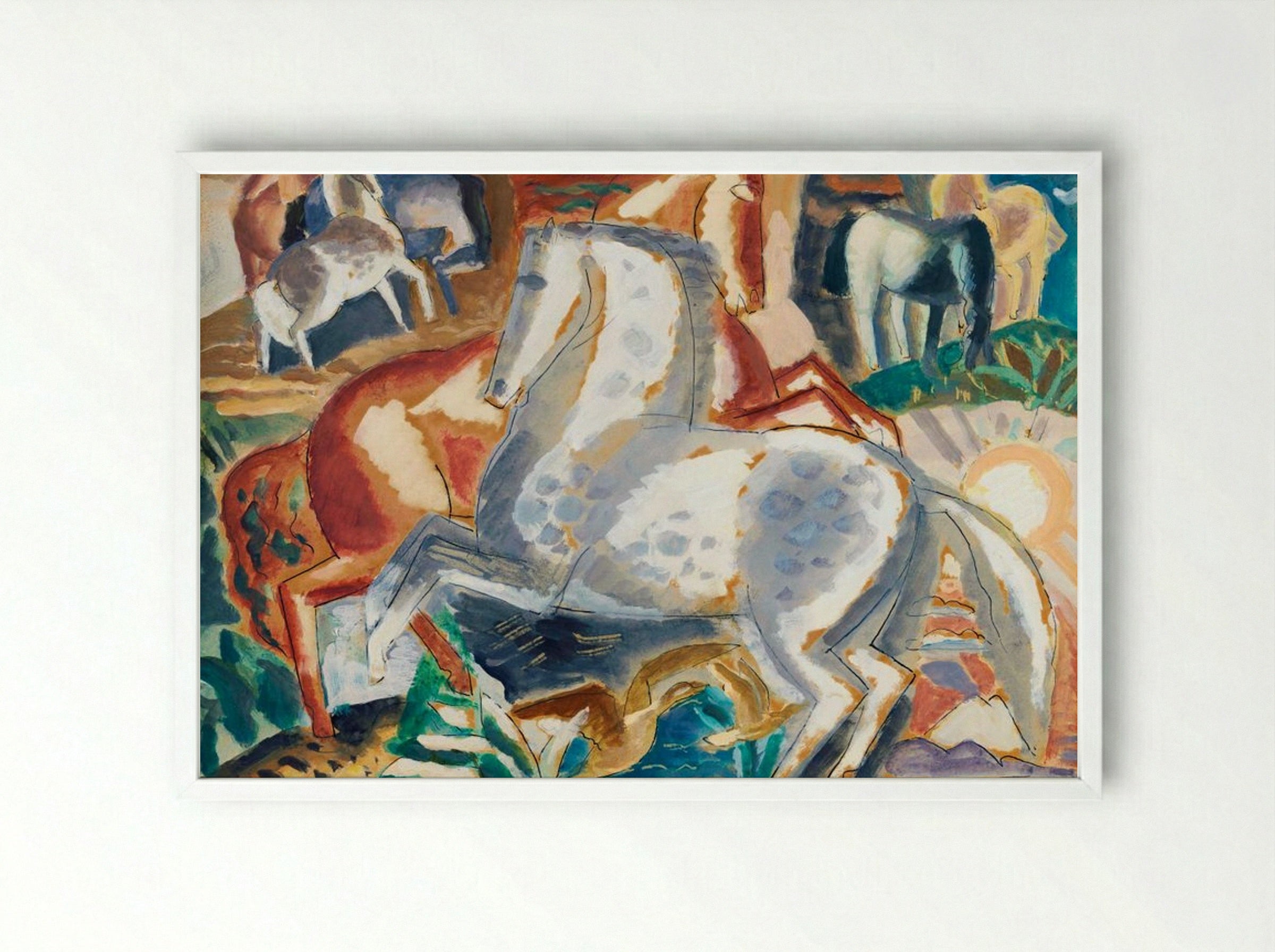 Horses in Landscape - Leo Gestel - Framed Print White