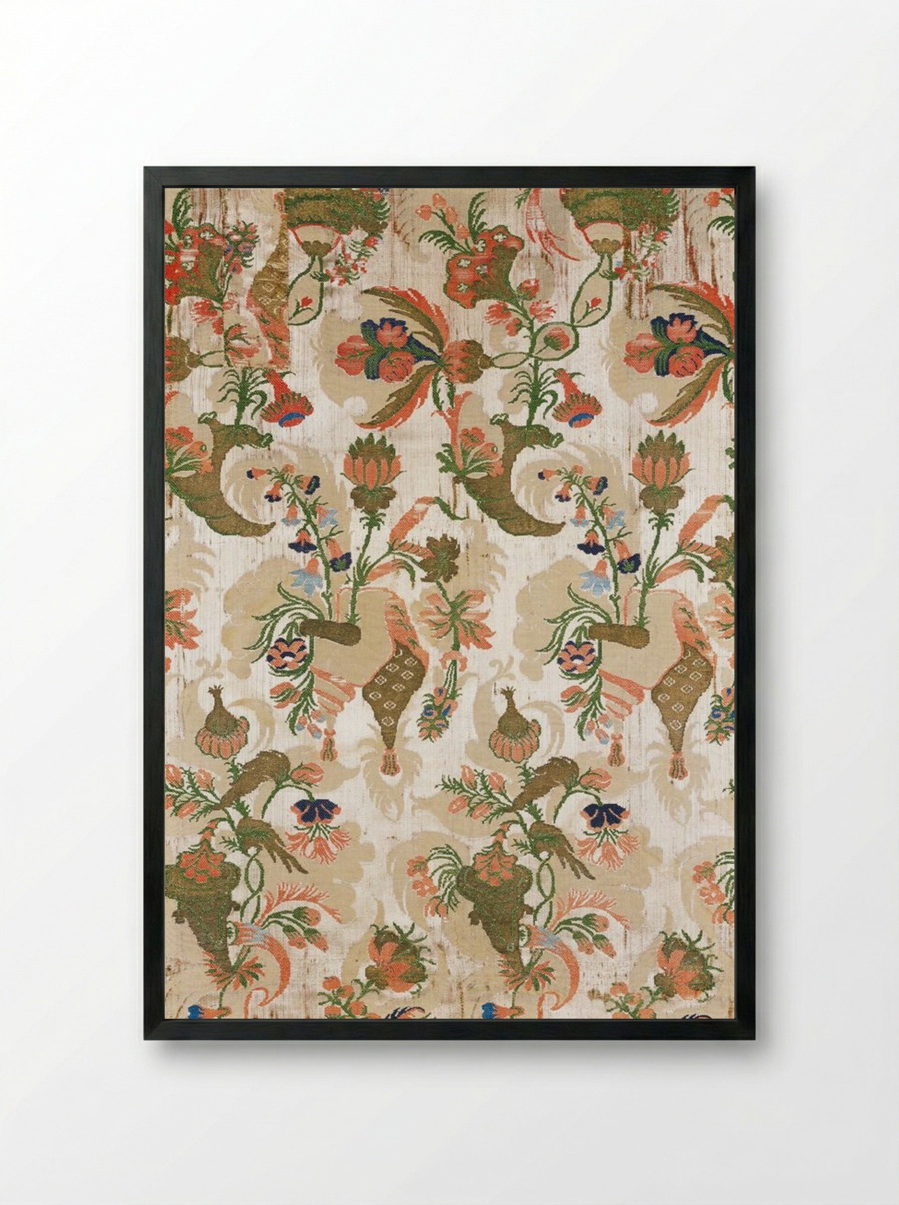 Panel (Floral and Bird Pattern, Textile Design) - Fine Art Print - Framed Print Black