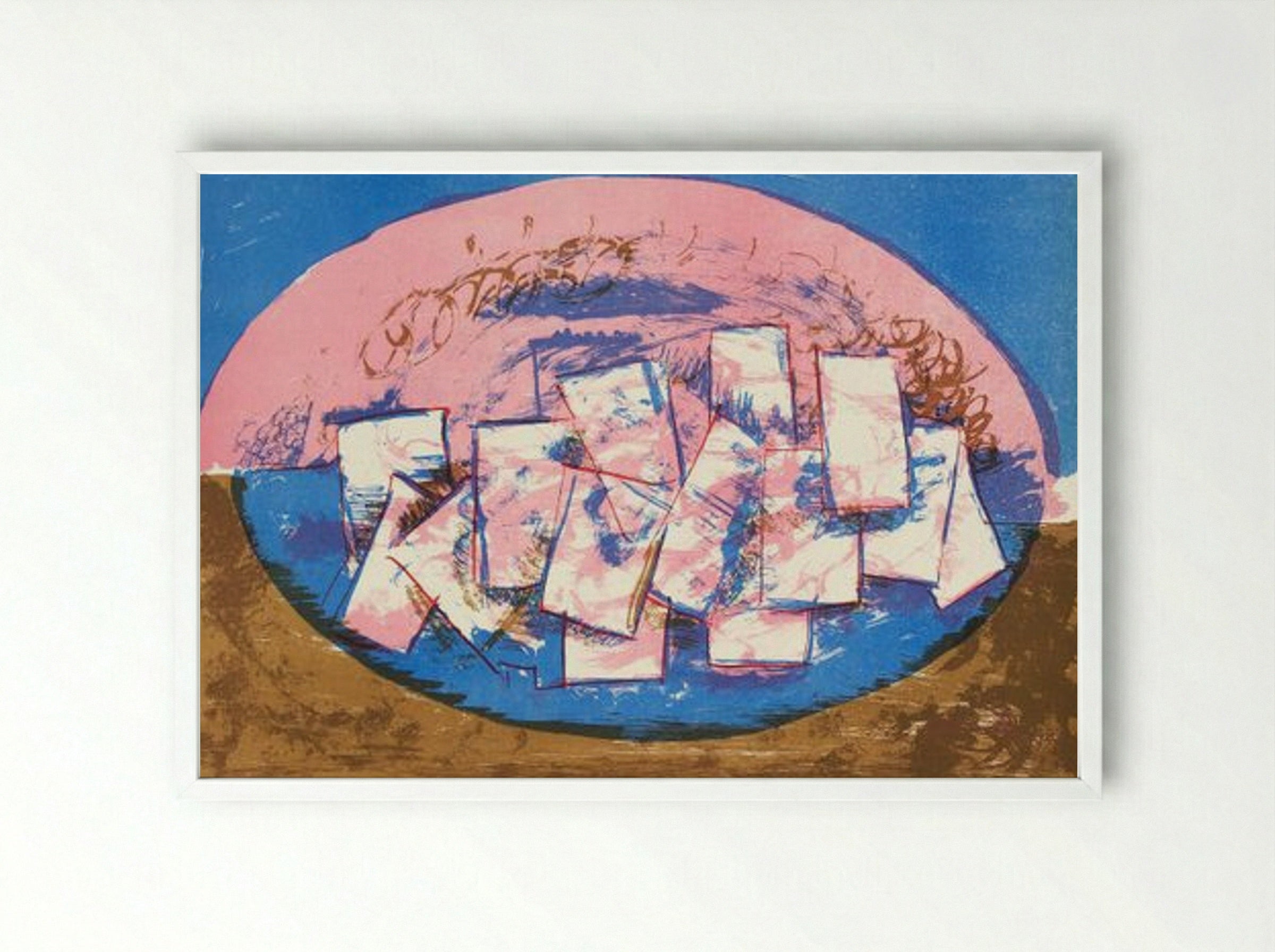 Blue and Pink Ellipse with Squares on Brown and Blue Background - Vilhelm Lundstrøm - Framed Print White