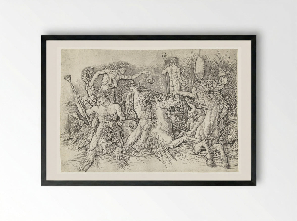 Combat of the Sea Gods - Andrea Mantegna - Framed Print Black