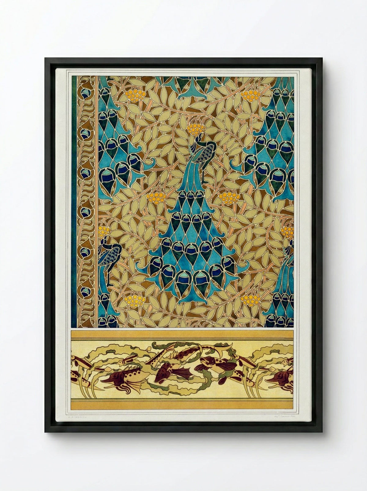 Paons dans les Sorbiers, Poissons et Algues - Maurice Pillard Verneuil - Framed Canvas Black