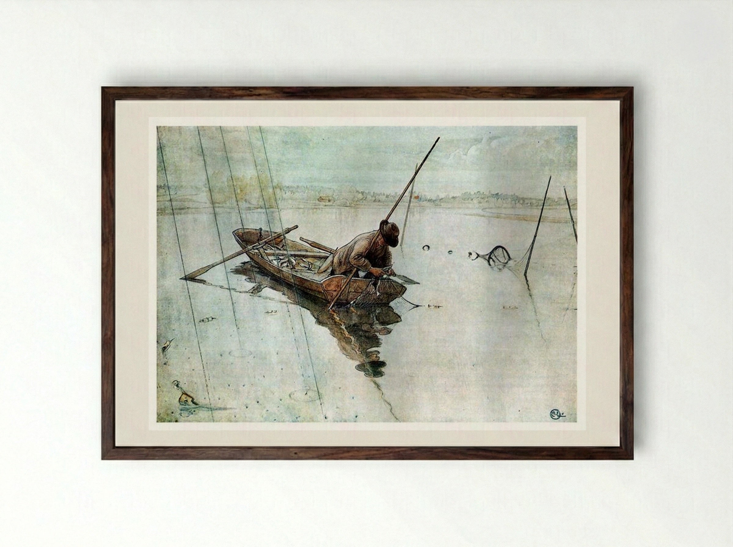 Fishing - Carl Larsson - Framed Print Dark Wood