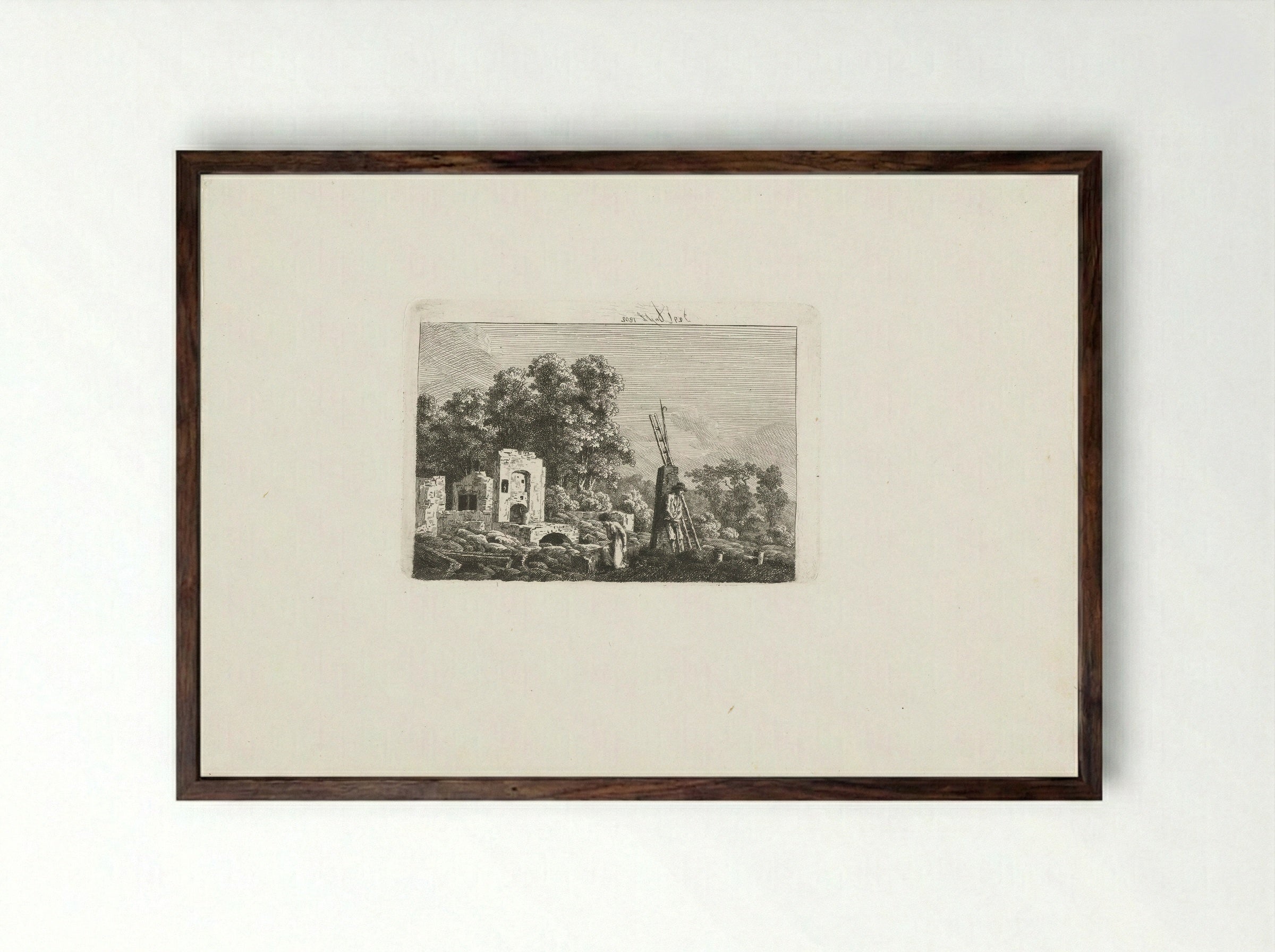 Man and Woman Contemplating the Remains of Their Burnt-Down House - Caspar David Friedrich - Framed Print Dark Wood