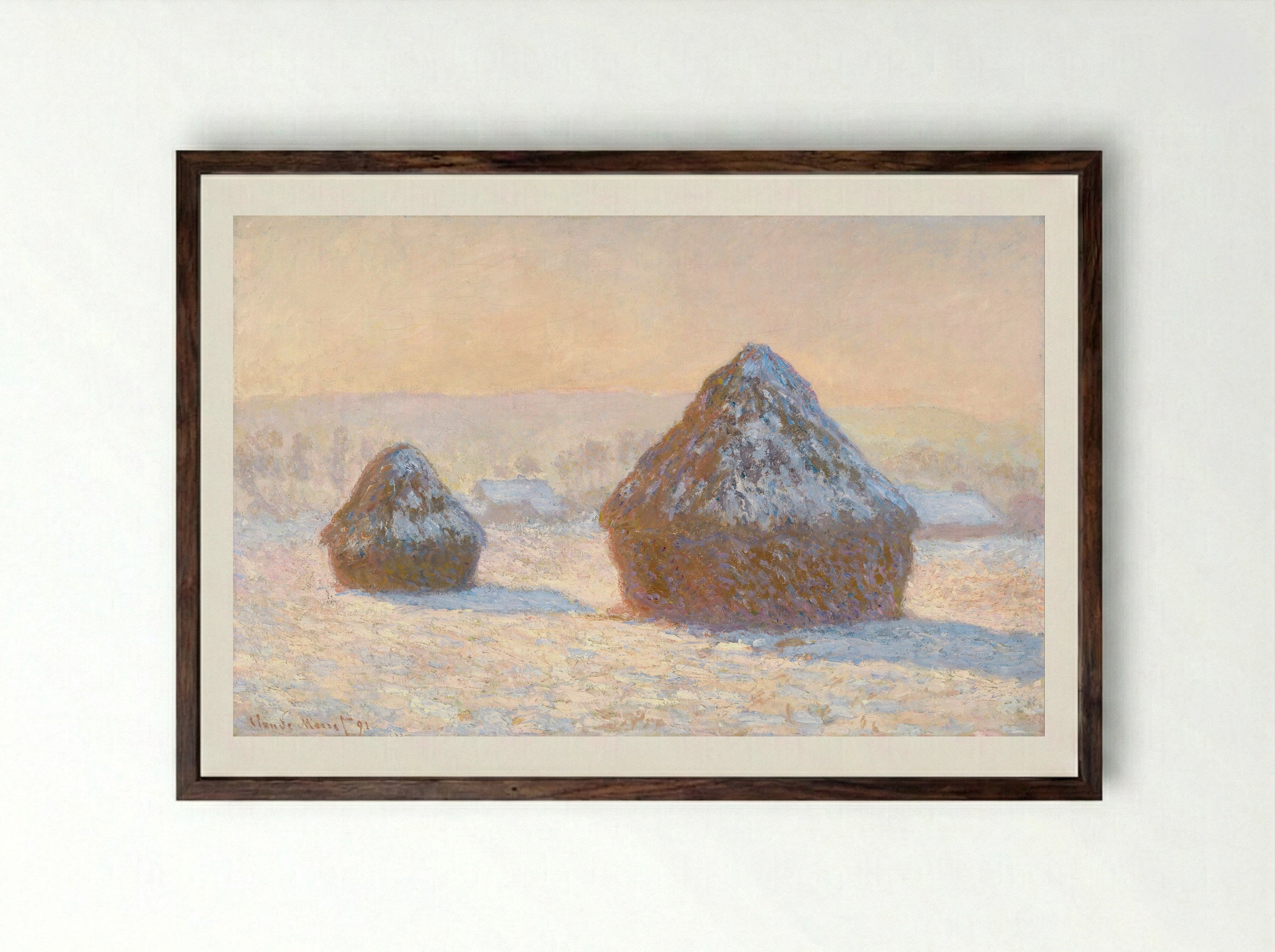 Wheatstacks, Snow Effect, Morning - Claude Monet - Framed Print Dark Wood