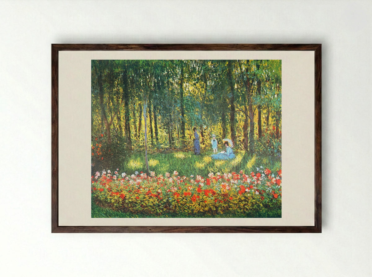 The Artist's Family in the Garden at Argenteuil - Claude Monet - Framed Print Dark Wood
