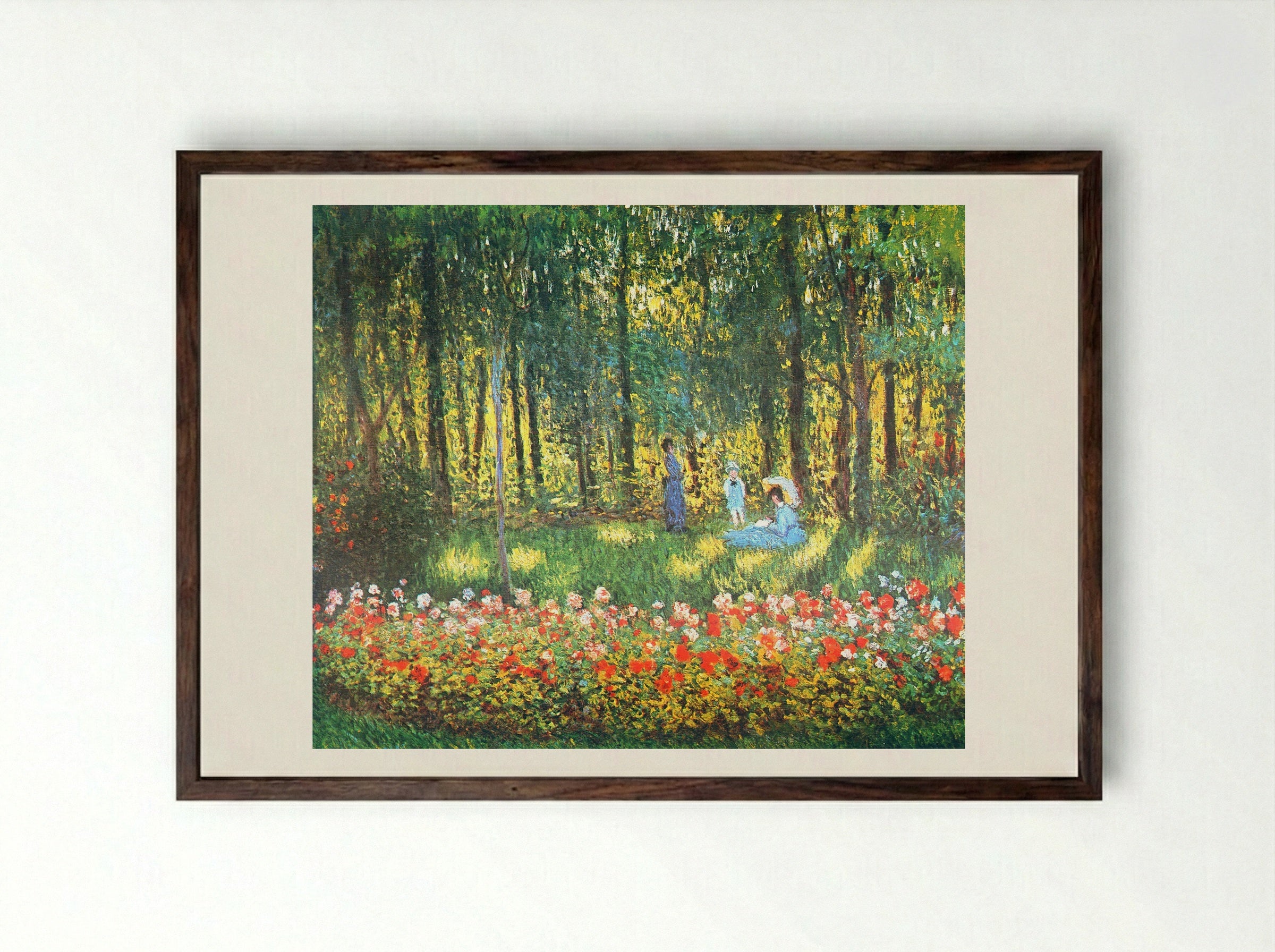 The Artist's Family in the Garden at Argenteuil - Claude Monet - Framed Print Dark Wood