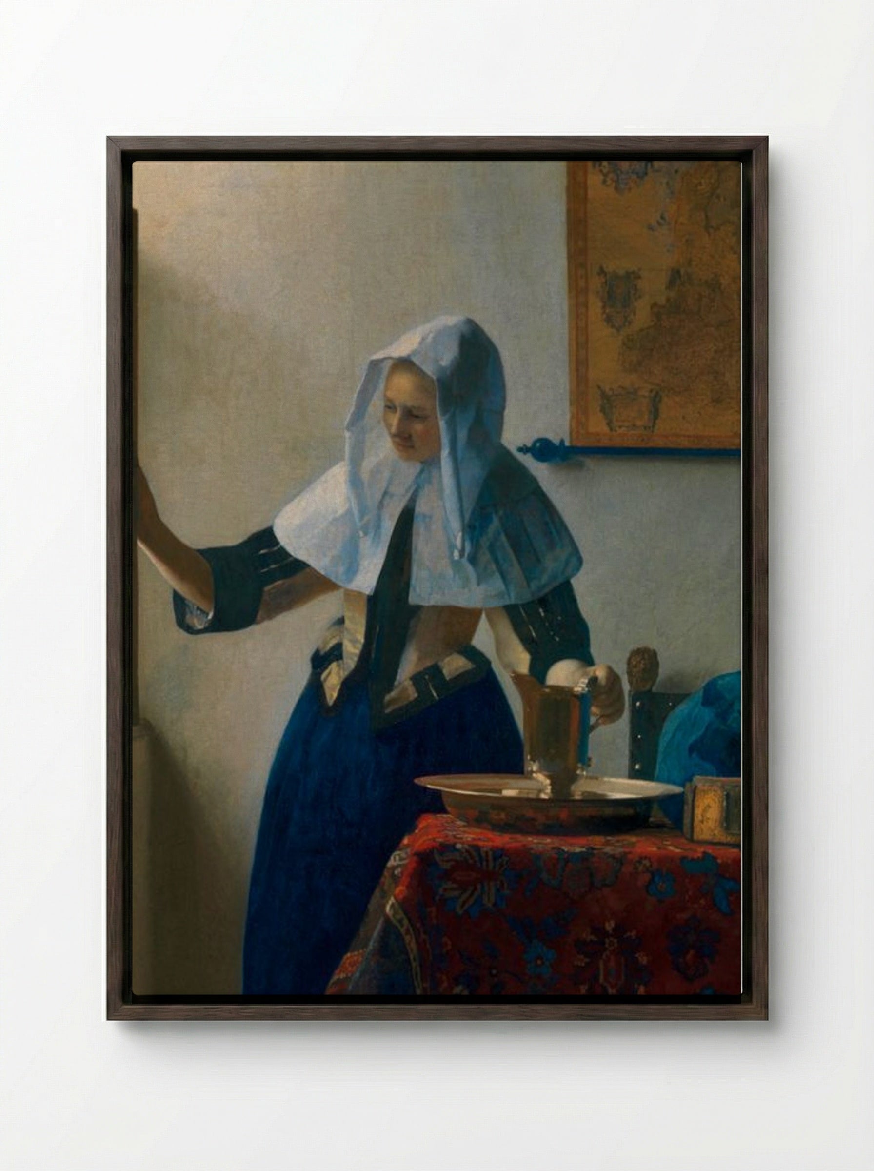 Young Woman with a Water Pitcher - Johannes Vermeer - Framed Canvas Dark Wood