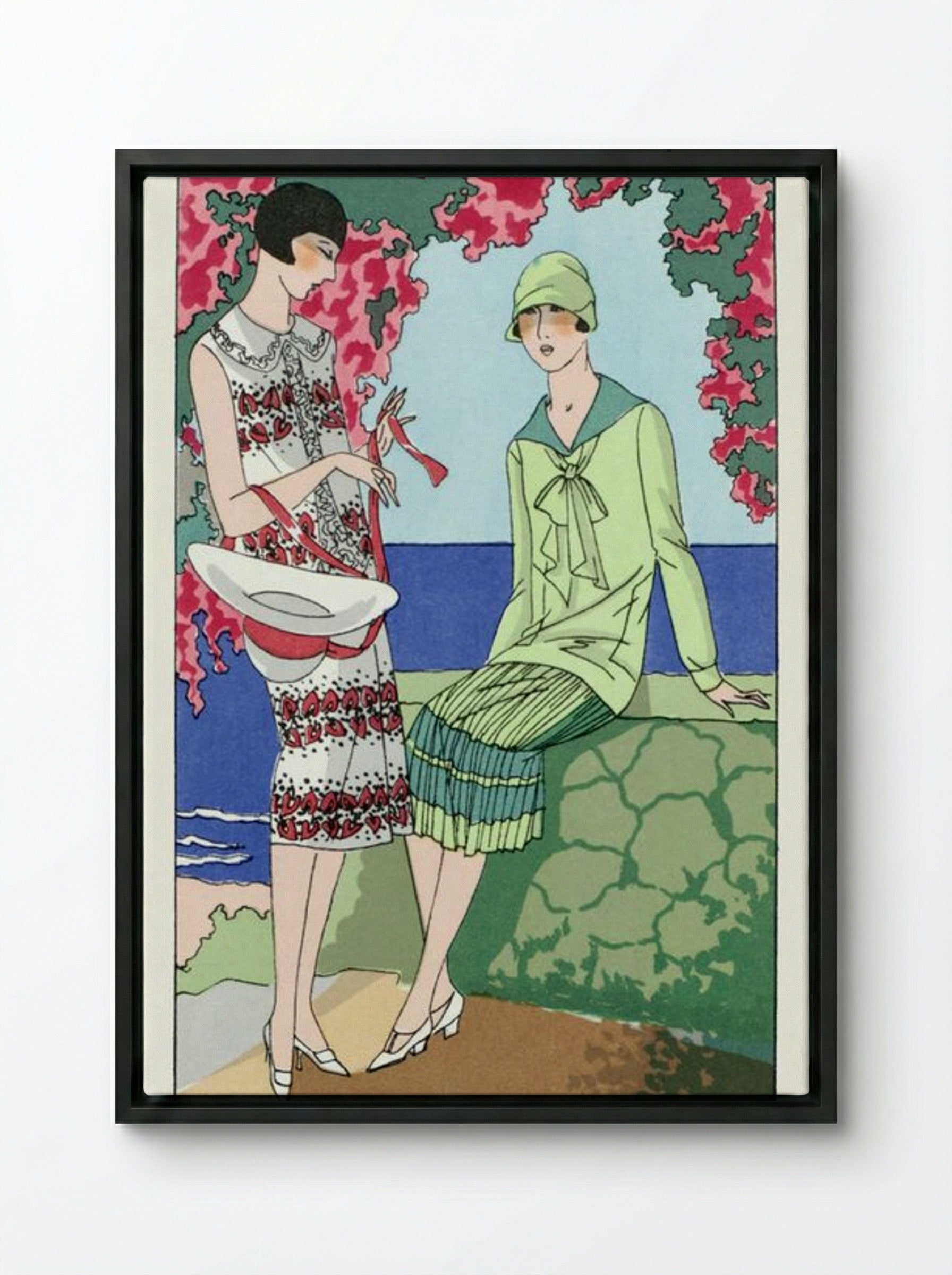 Two Women in Summer Dresses - Martial et Armand and Lucien Lelong - Framed Canvas Black