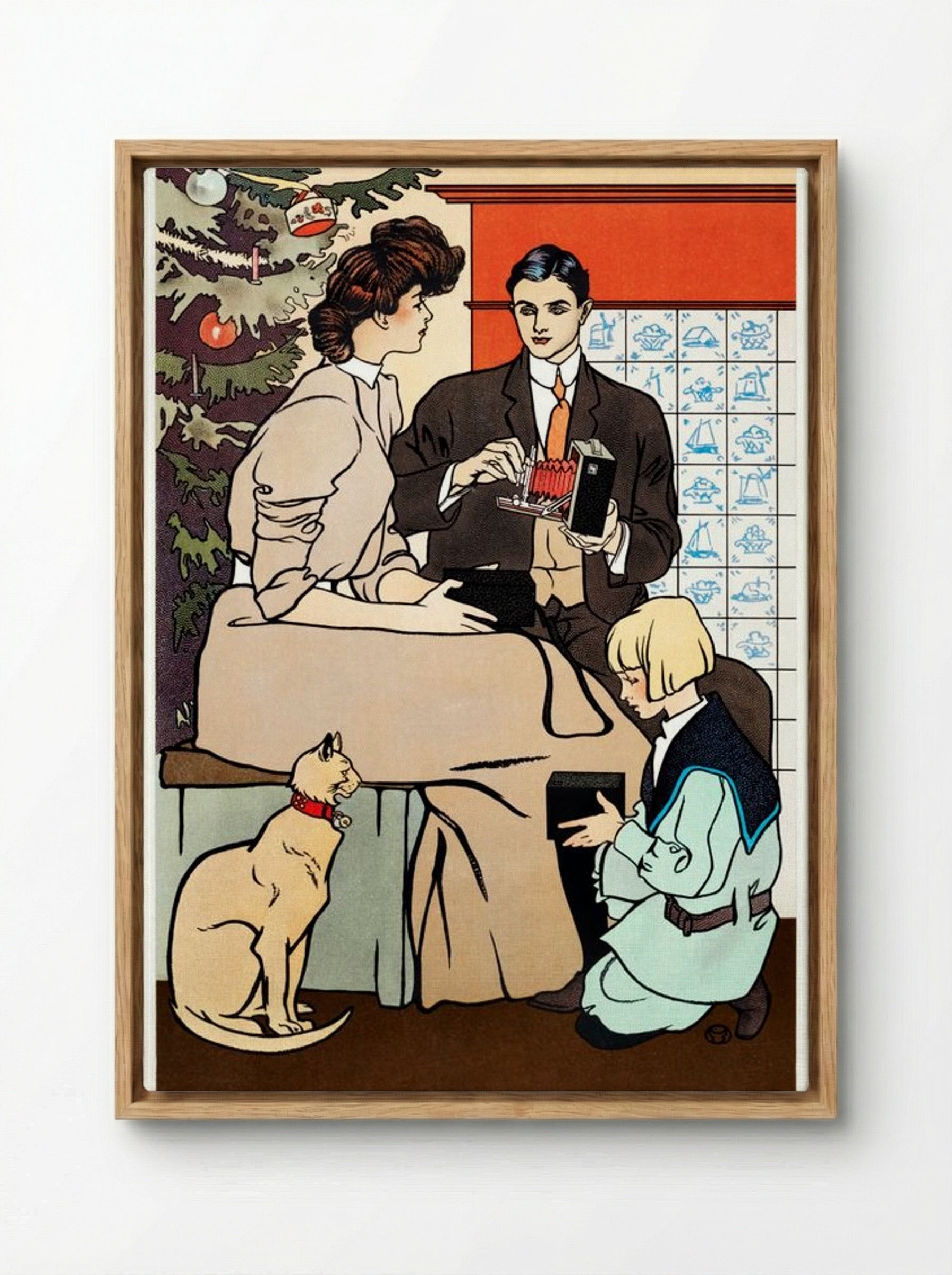 Vintage Christmas Morning (Family Scene with Camera) - Edward Penfield - Framed Canvas Wood