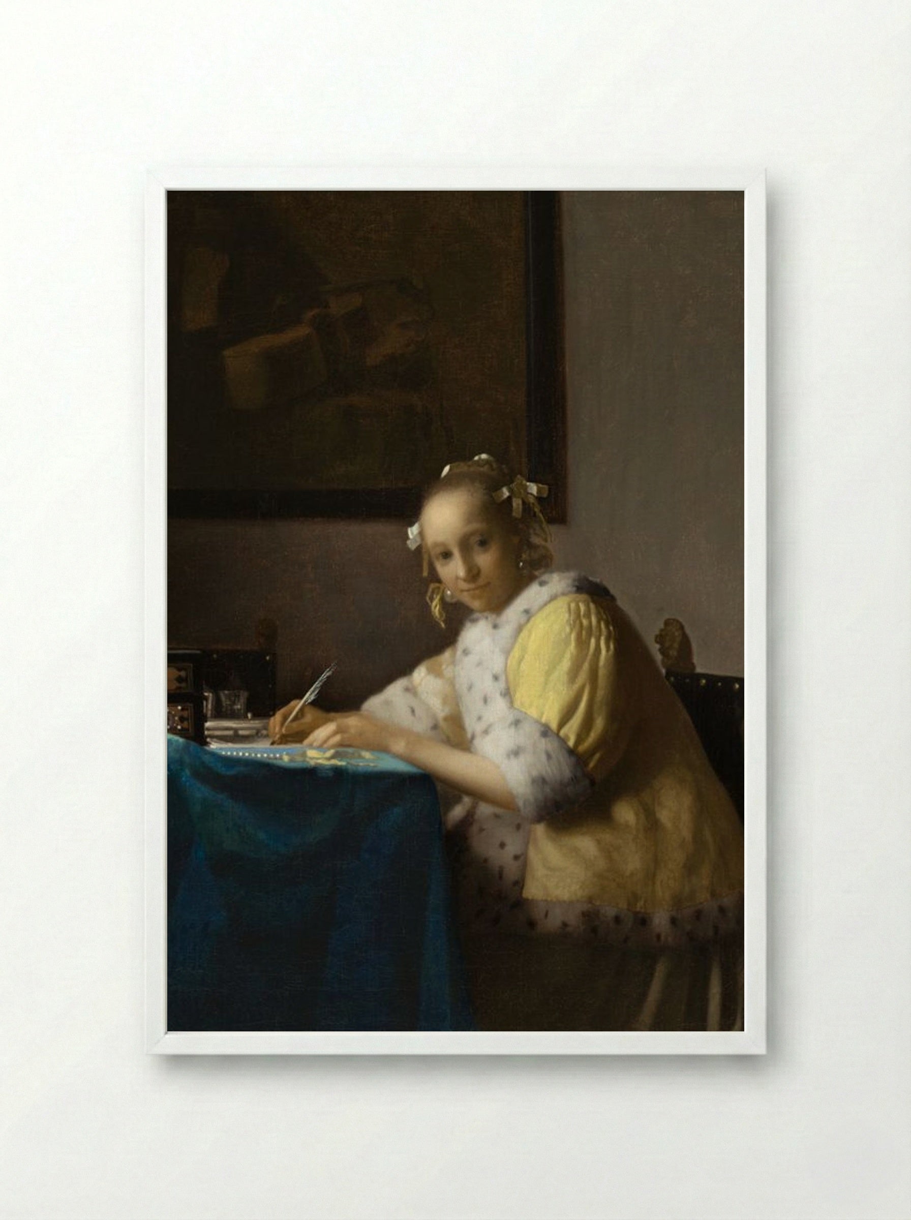 A Lady Writing a Letter - Johannes Vermeer - Framed Print White