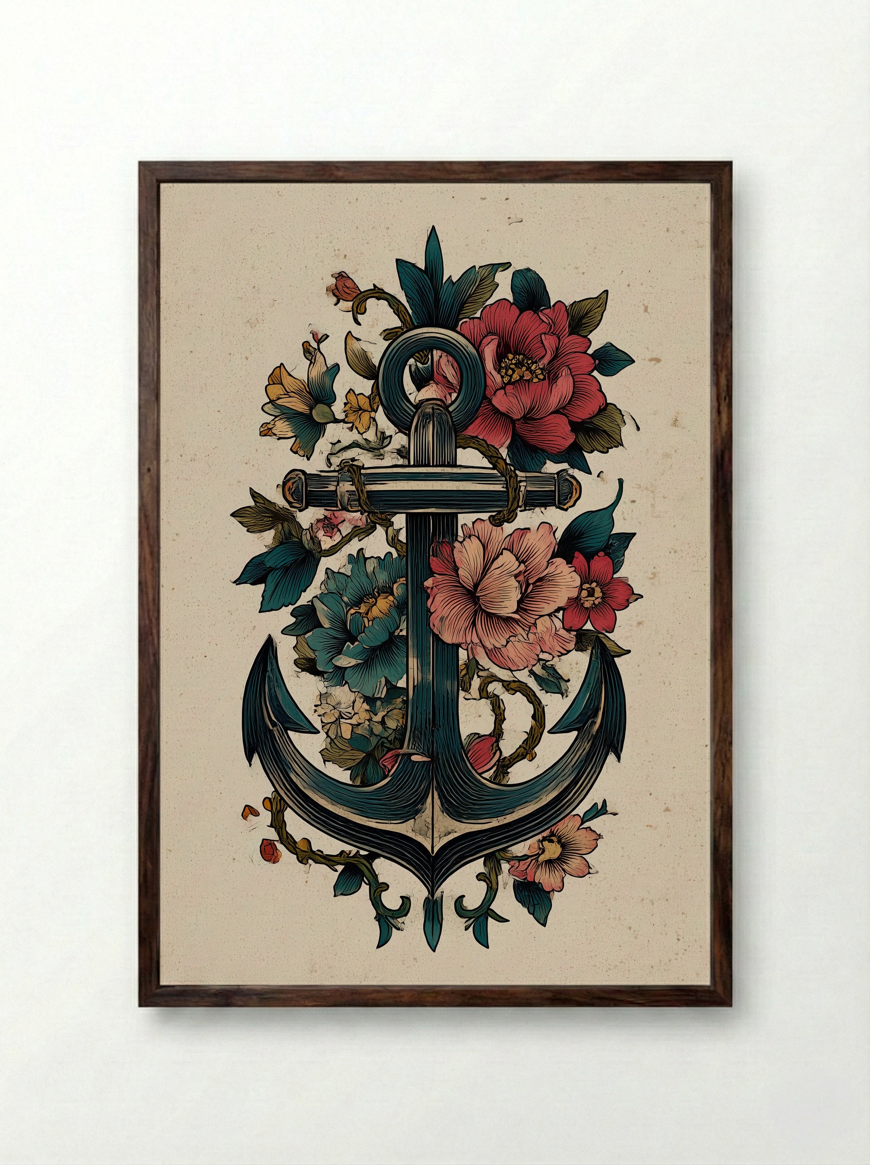 Anchor with Floral Motifs - Vintage Tattoo Inspired Print - Framed Print Dark Wood