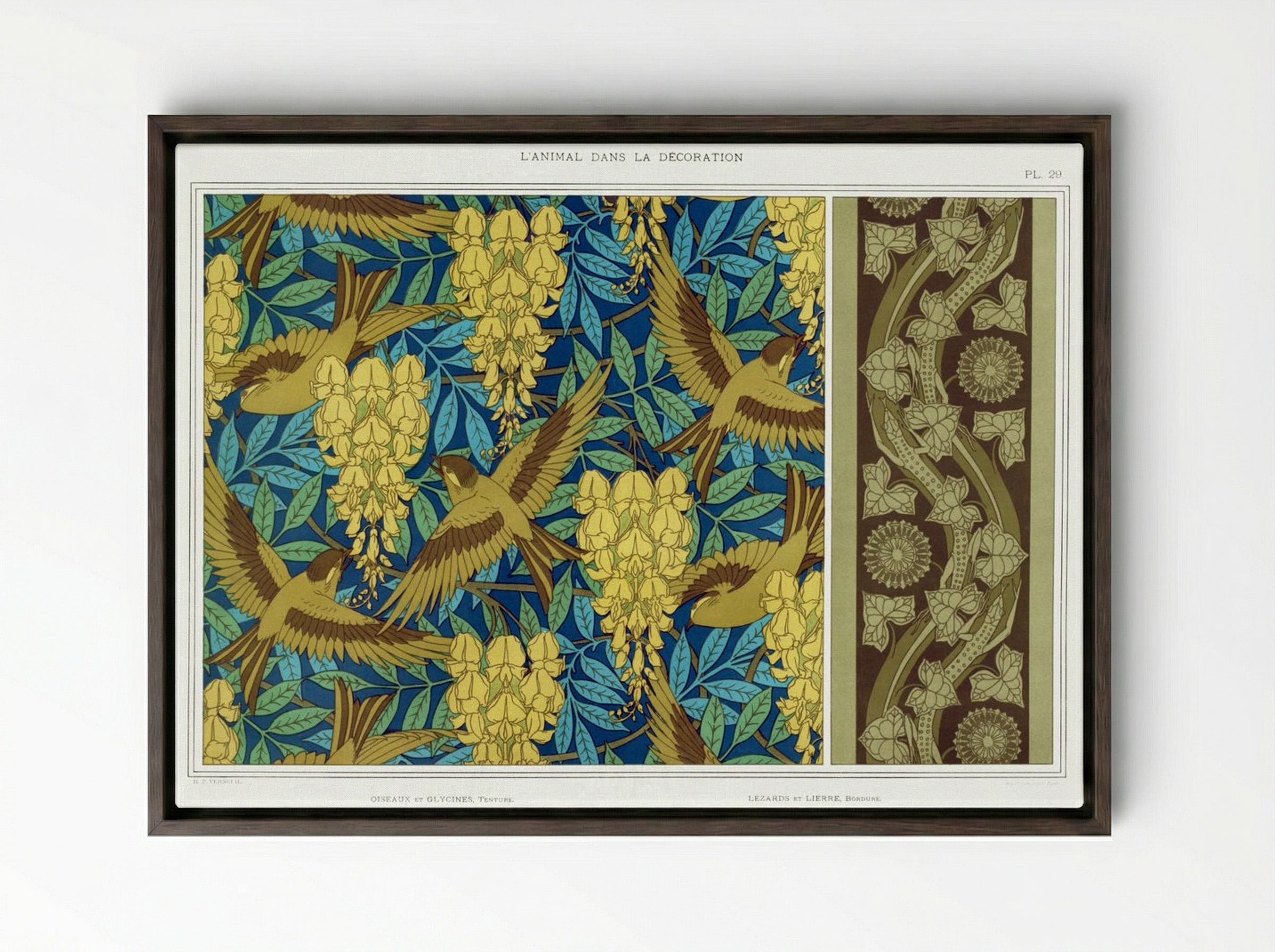 Oiseaux et Glycines, Tenture; Lézards et Lierre, Bordure - Maurice Pillard Verneuil - Framed Canvas Dark Wood