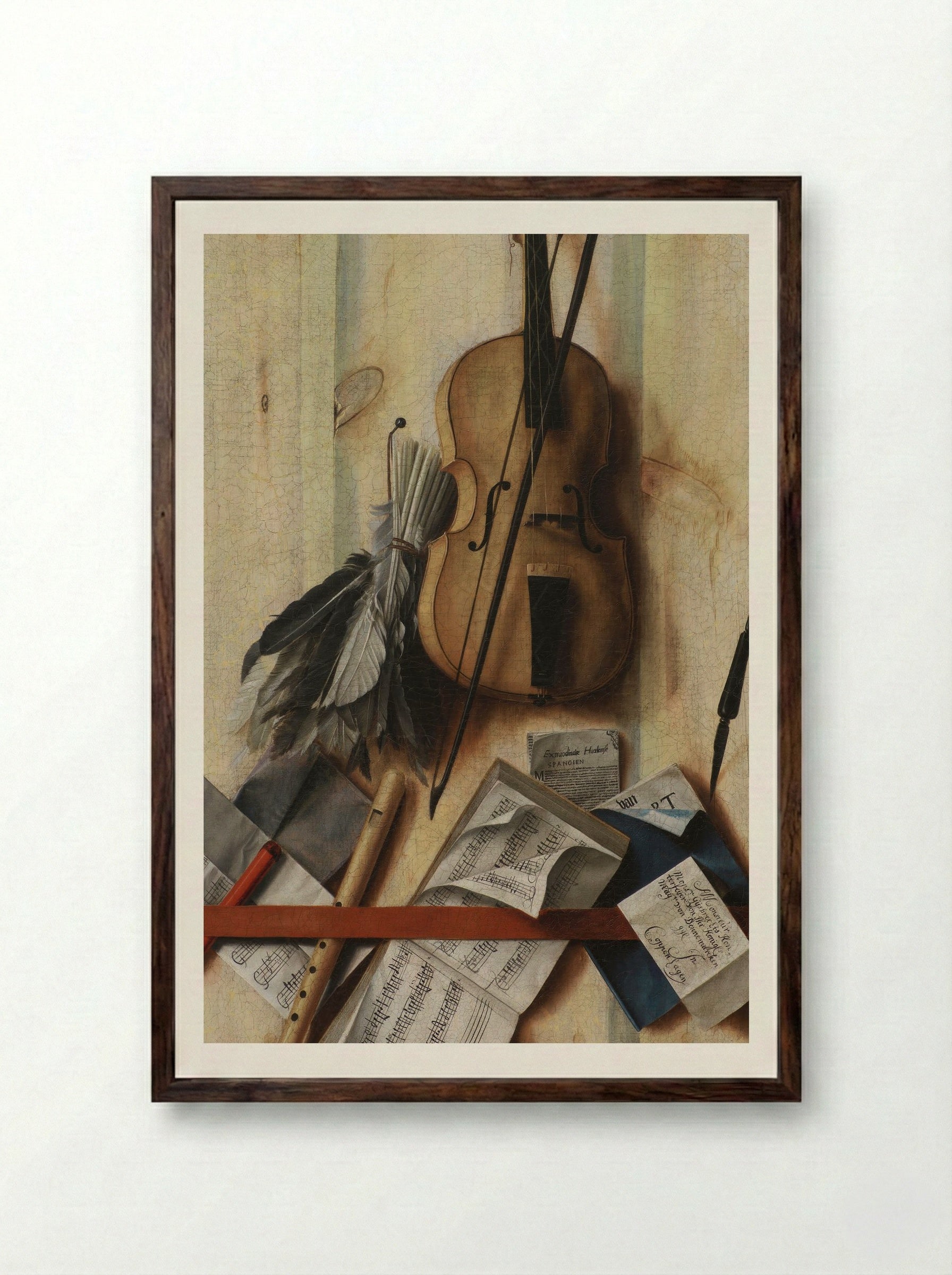 Trompe l'oeil with violin, sheet music and recorder - Cornelis Norbertus Gysbrechts - Framed Print Dark Wood