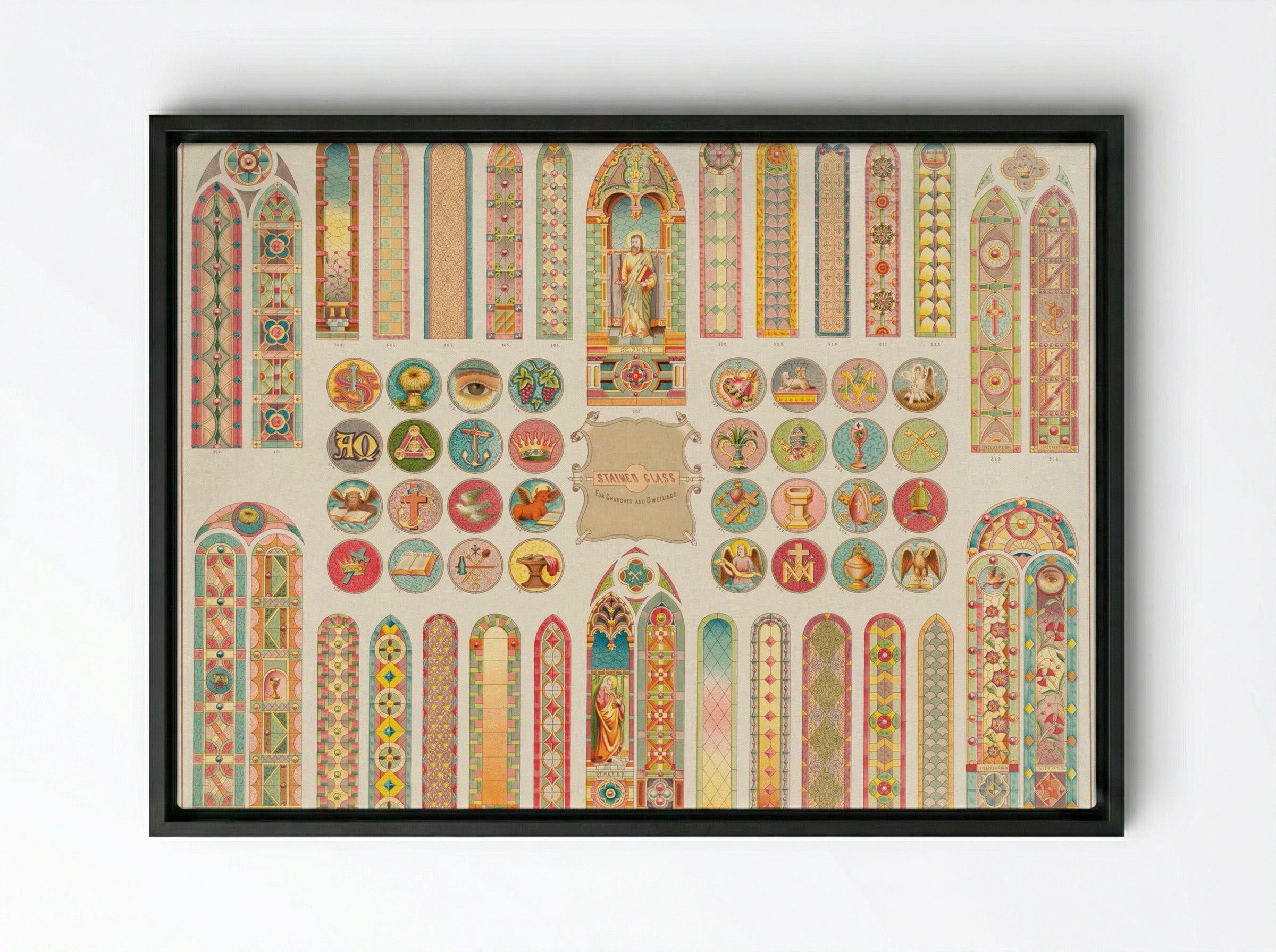 Stained Glass Designs for Churches and Dwellings - Fine Art Print - Framed Canvas Black