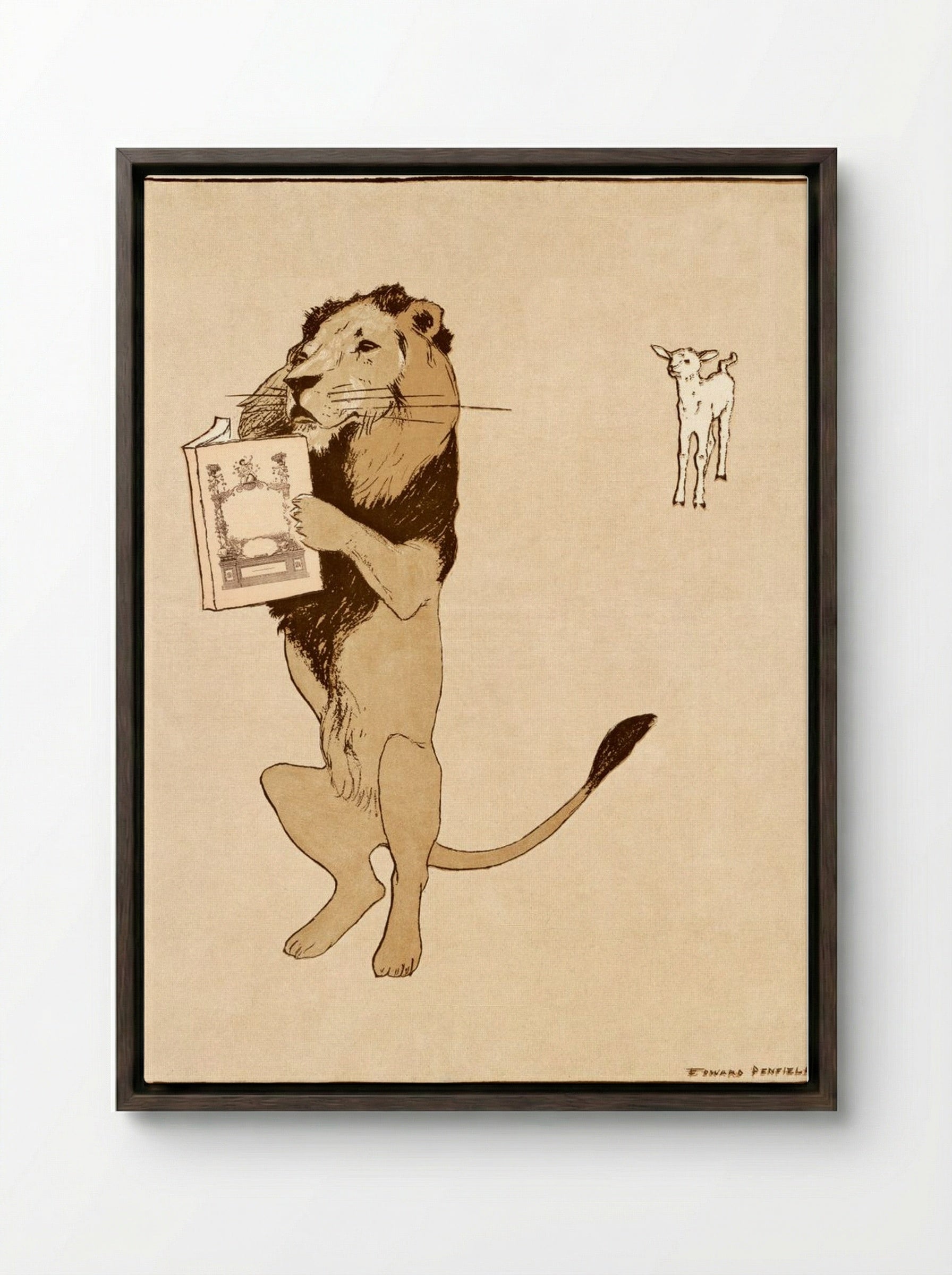 The Lion and the Book - Edward Penfield - Framed Canvas Dark Wood