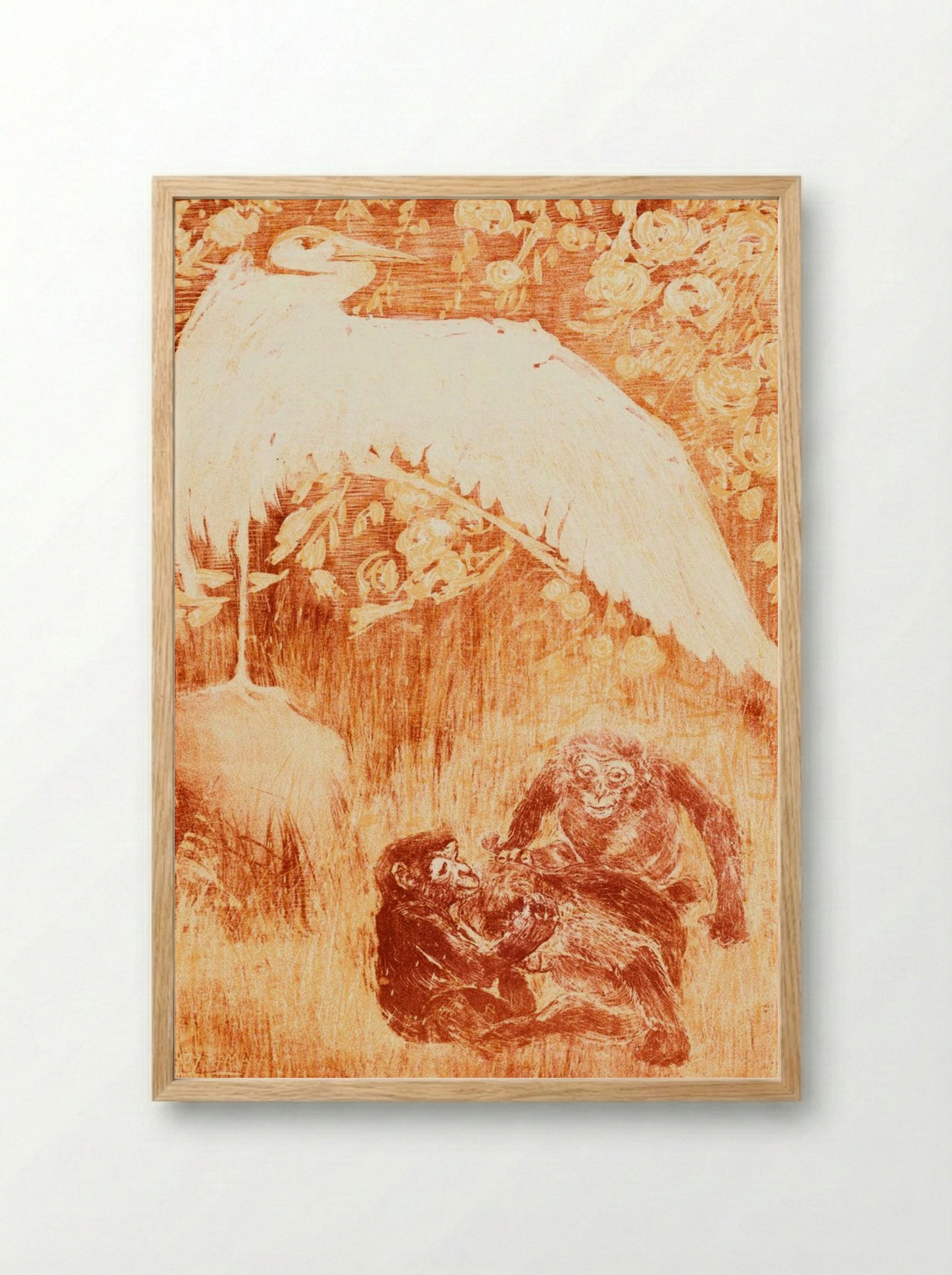 Reiger met drie apen (Heron with Three Monkeys) - Theo van Hoytema - Framed Print Wood