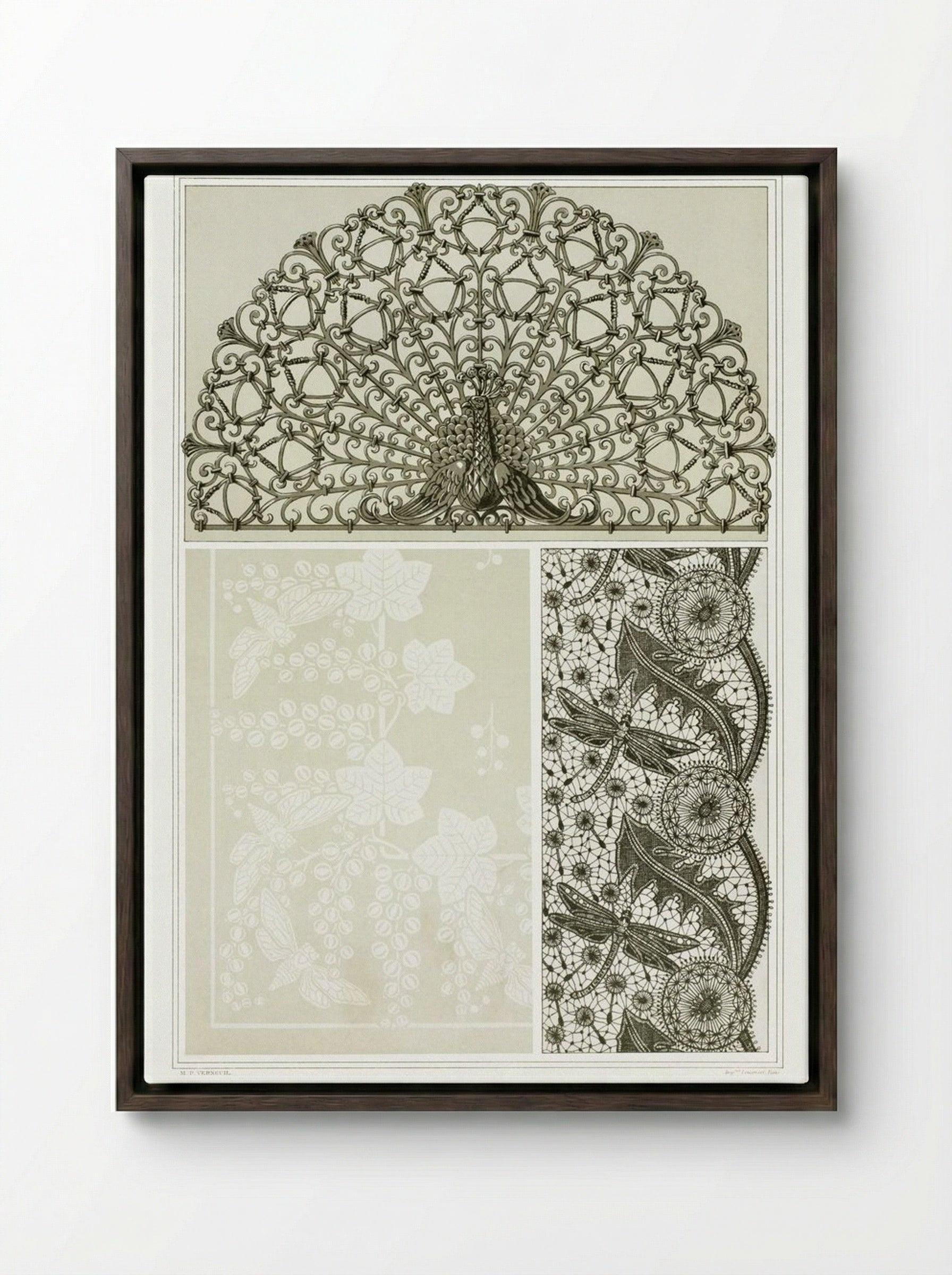 L'Animal dans la Décoration, Plate 14 (Peacock, Cicadas, Dragonflies) - Maurice Pillard Verneuil - Framed Canvas Dark Wood