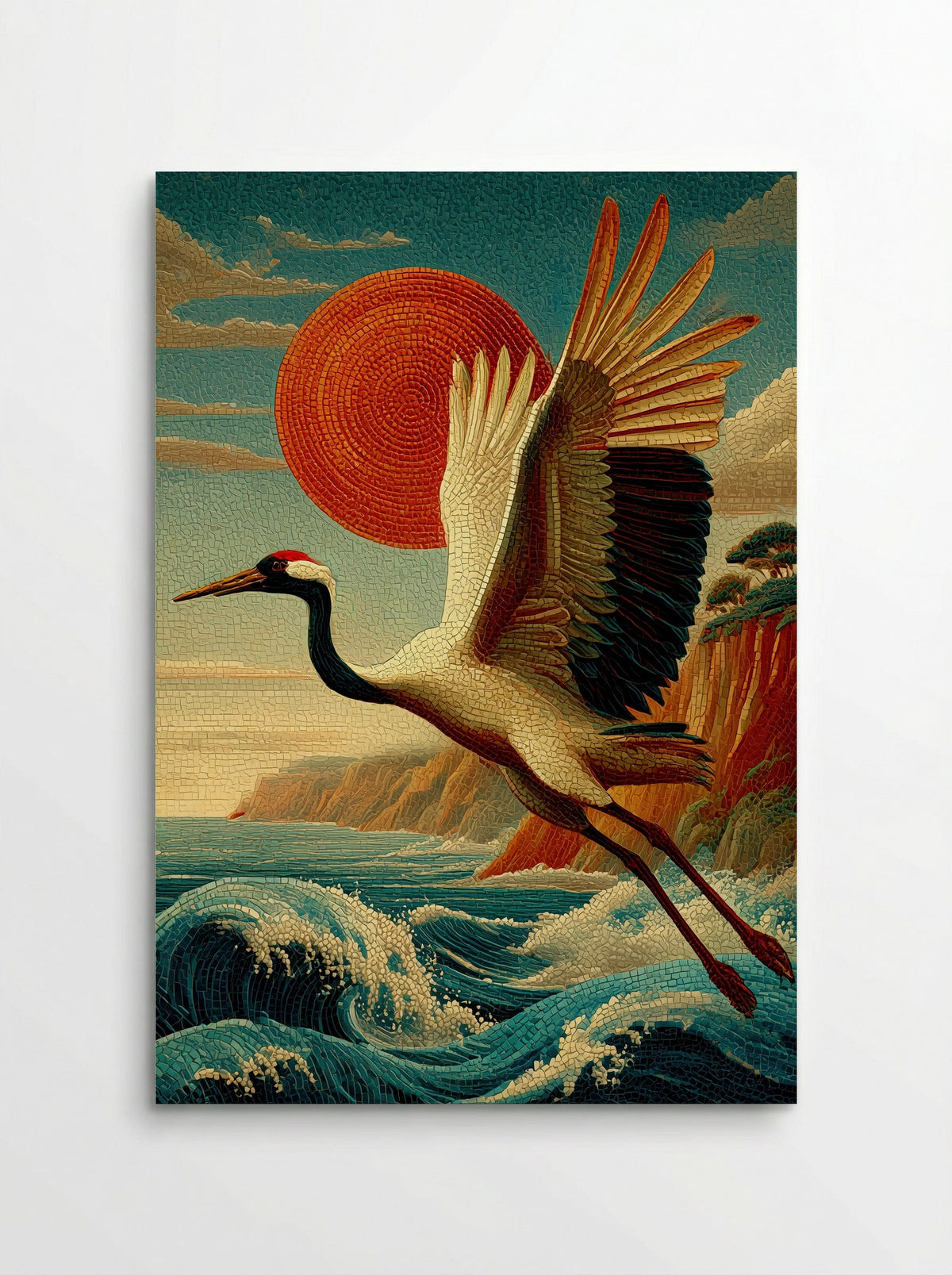Crane Over Crimson Sun – Japanese Mosaic Print - Poster